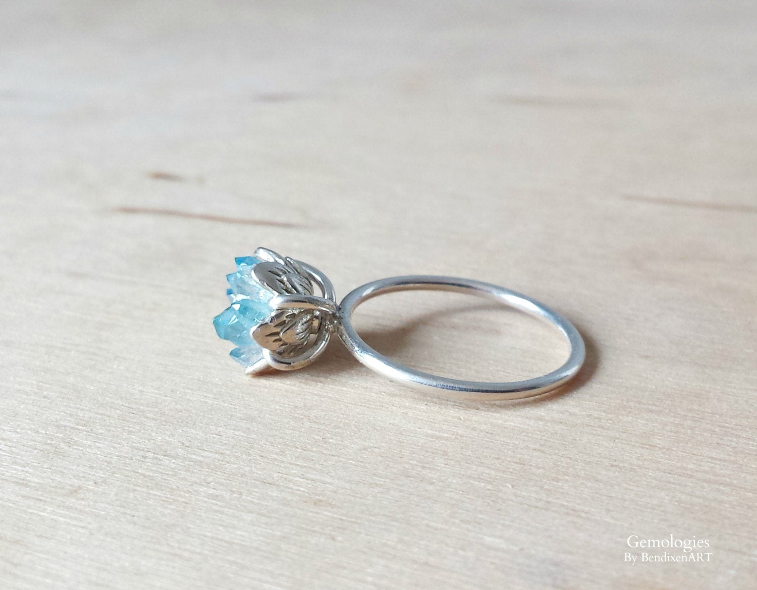Raw Crystal Ring, Aqua Aura Lotus Flower Jewelry, Rough Crystal Ring for Her, Unique Engagement Ring, Wife Valentines, Girlfriend Gift Idea