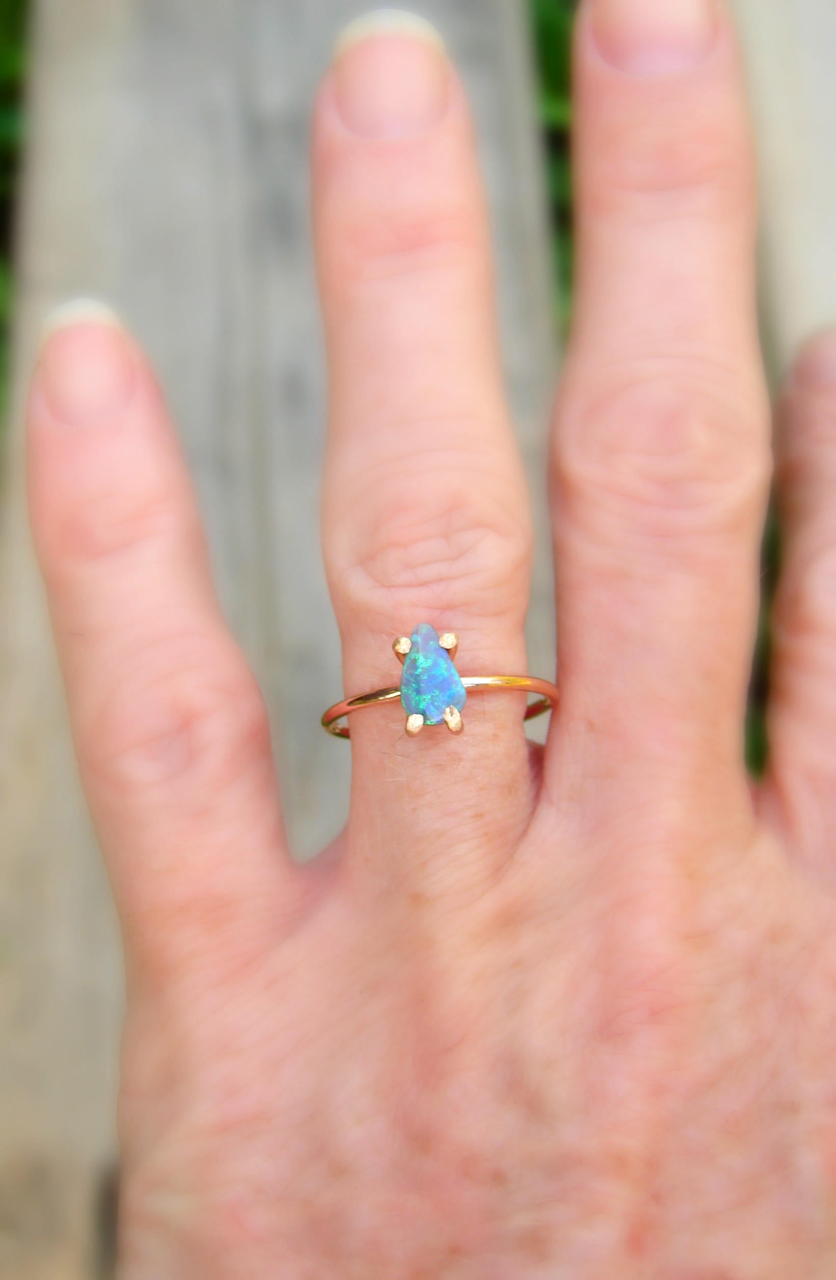 Large Blue Opal Ring, Blue Zodiac Jewelry, Rough Opal is an October Birthstone, Fire Opal Gemstone, Promise Ring in Gold and Opal, Size 7.5