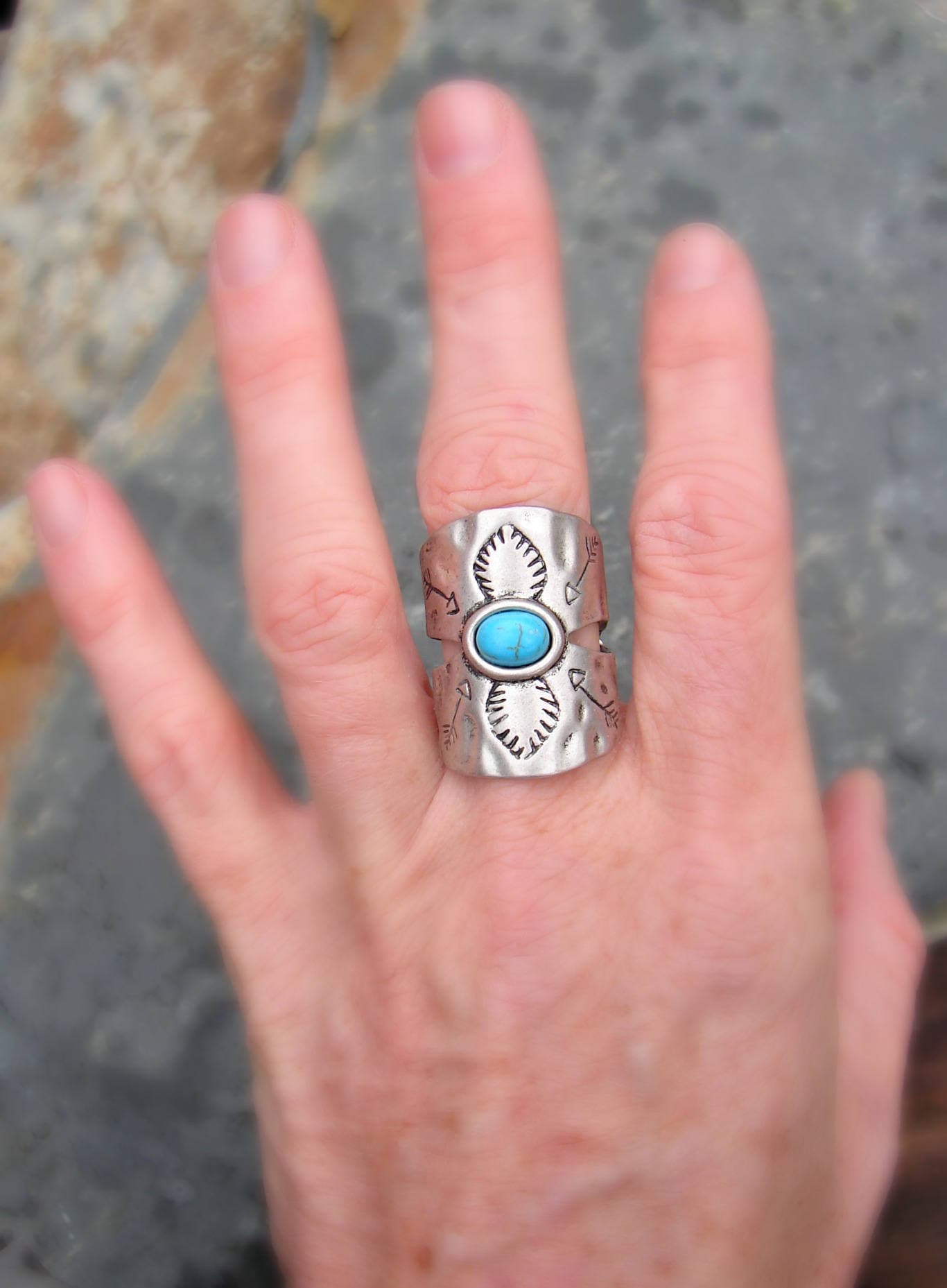 BOHO Turquoise and Silver Ring, Finger Cuff, Southwestern Native American Style Jewelry, Arrow Etched Ring, Valentines Gift for Sister