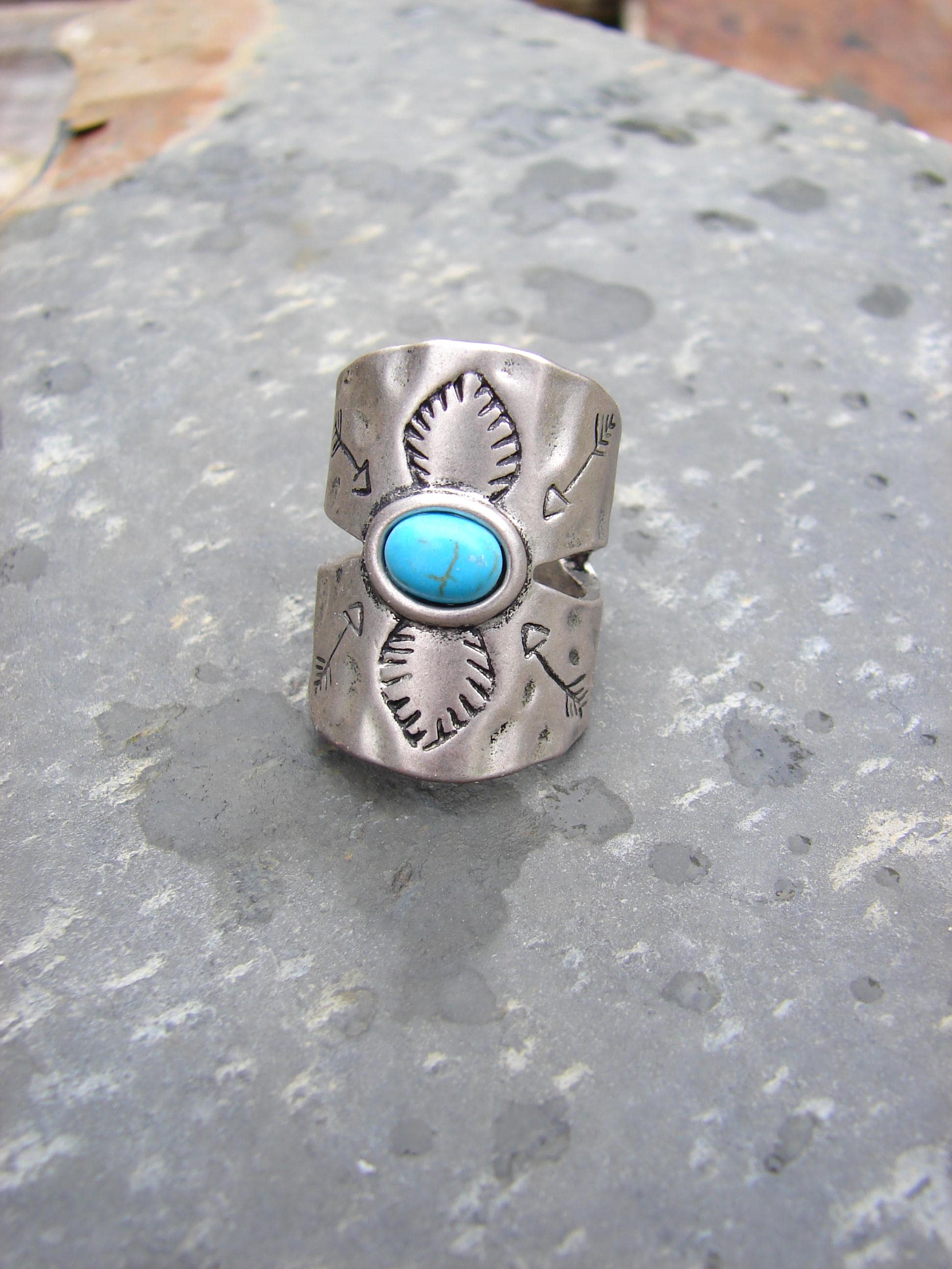 BOHO Turquoise and Silver Ring, Finger Cuff, Southwestern Native American Style Jewelry, Arrow Etched Ring, Valentines Gift for Sister