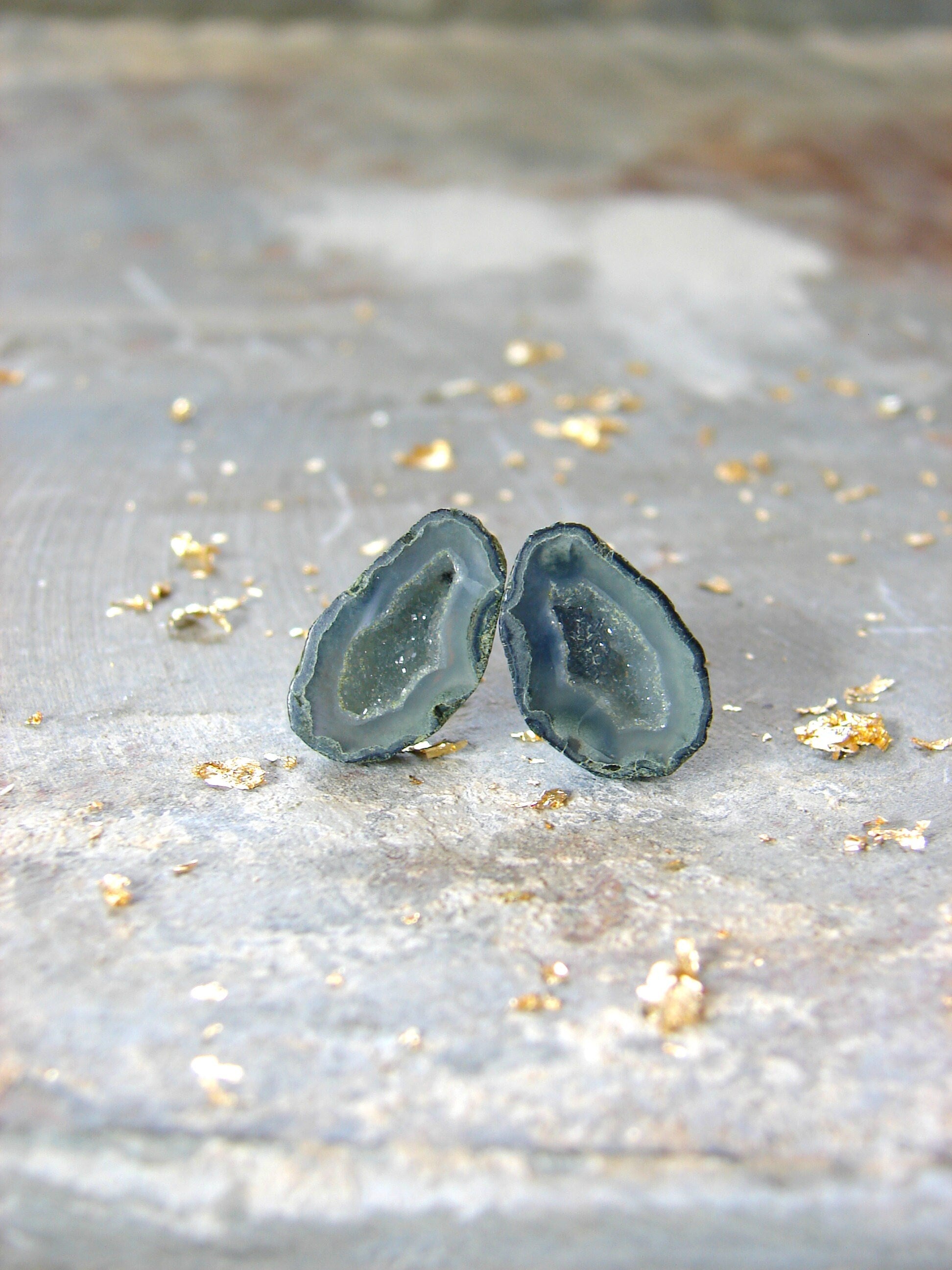Teal Blue Crystal Earrings, Raw Cyan Geode Studs, Blue Green Jewelry for Birthday or Valentines, Uncommon and Unusual Earrings, Rough Gem