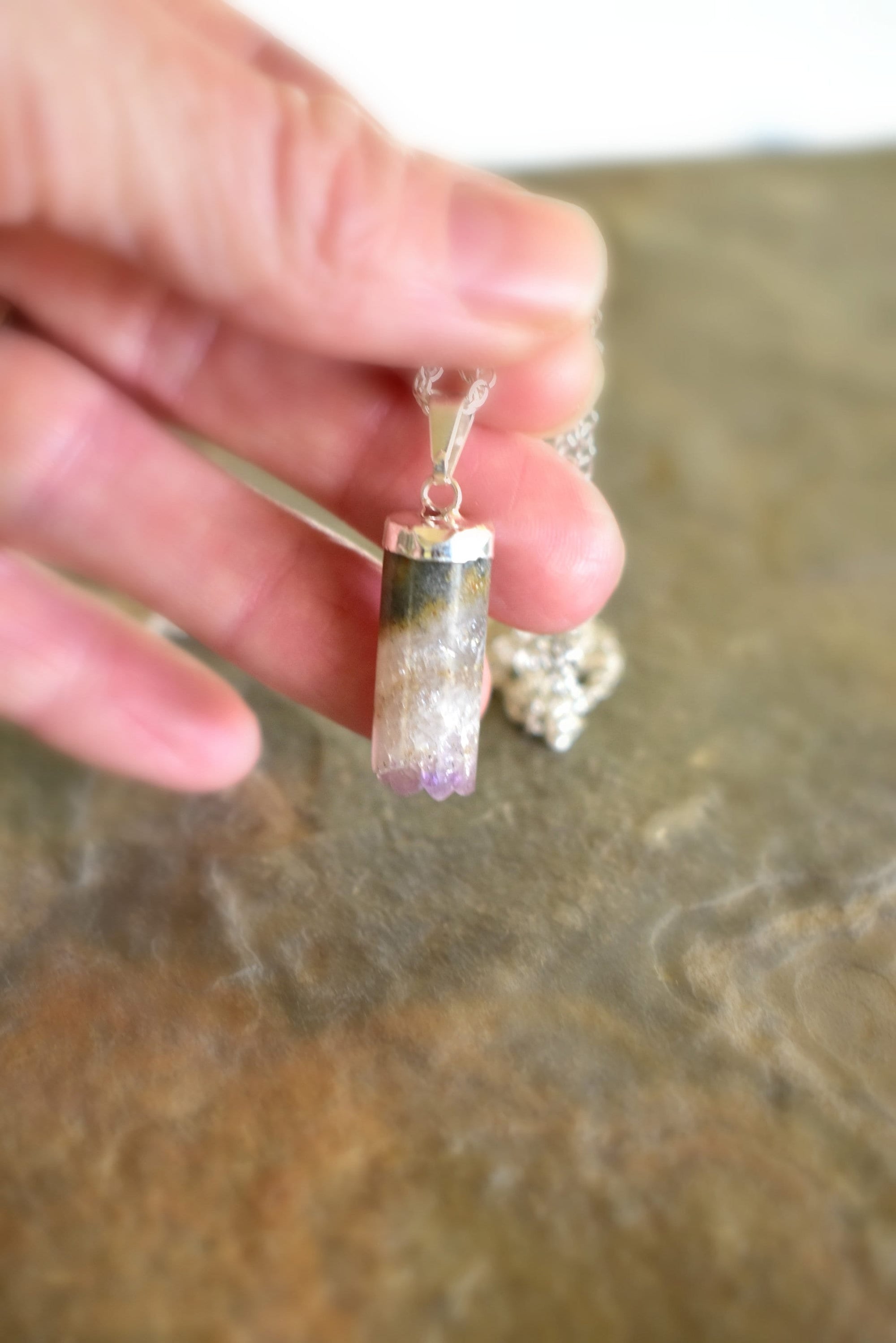 Amethyst Quartz Crystal Pendant, Raw Crystal Pillar Necklace, Gift for Geologist, Quartz Silver Double Chain Necklace, Uncommon Rare Jewelry