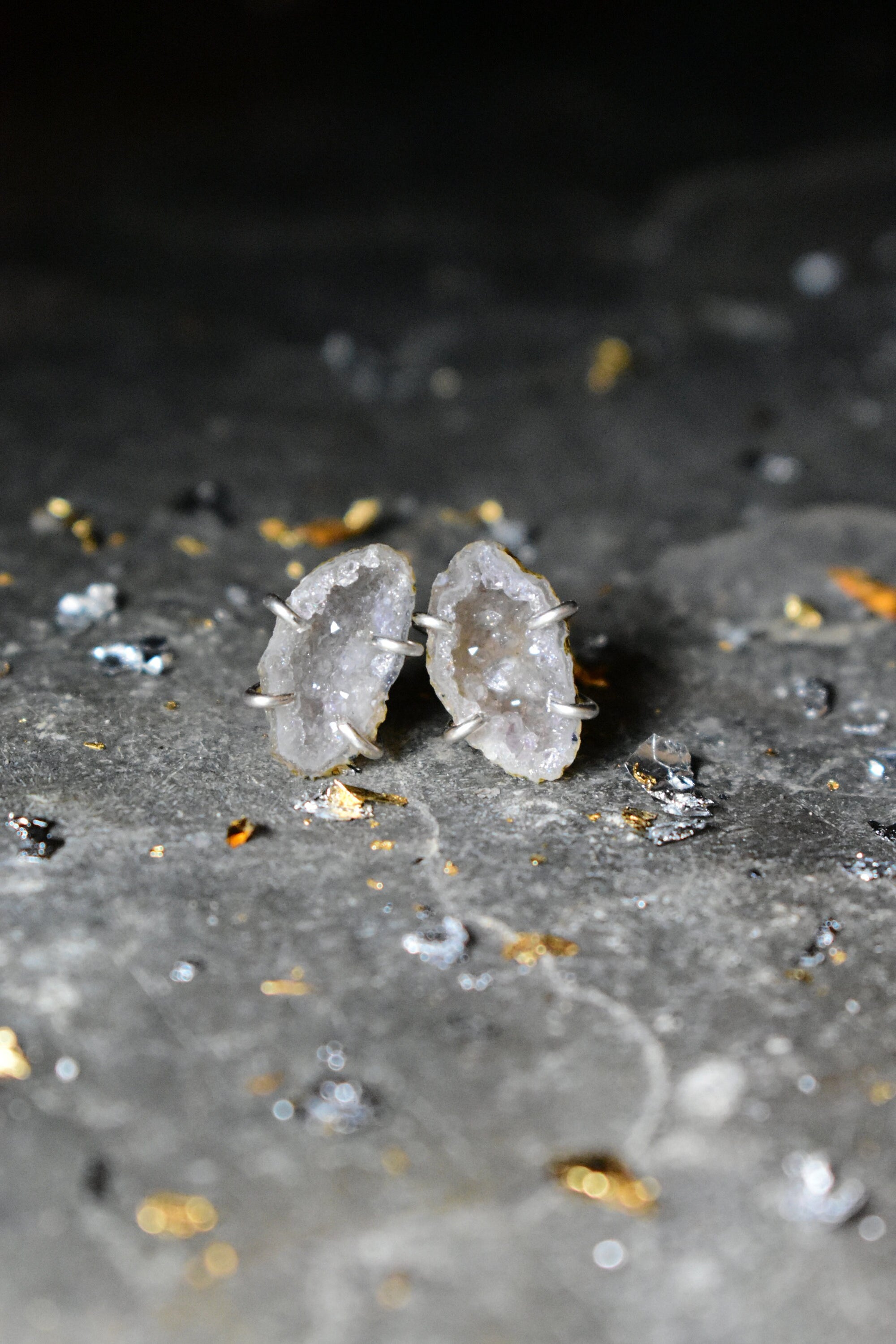 White Party Outfit Jewelry, Raw Geode Stud Earrings, White Cream and Silver Pronged Jewelry, White Color Theme Wedding Valentines Gifts