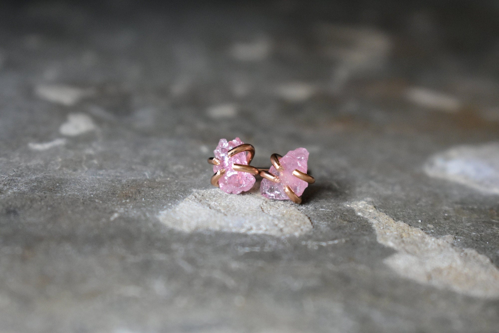 Tiny Crystal in 14K Rose Gold Fill Studs, Pink Tourmaline Crystal Earrings, Raw Rough Pink Crystal and Gold Jewelry