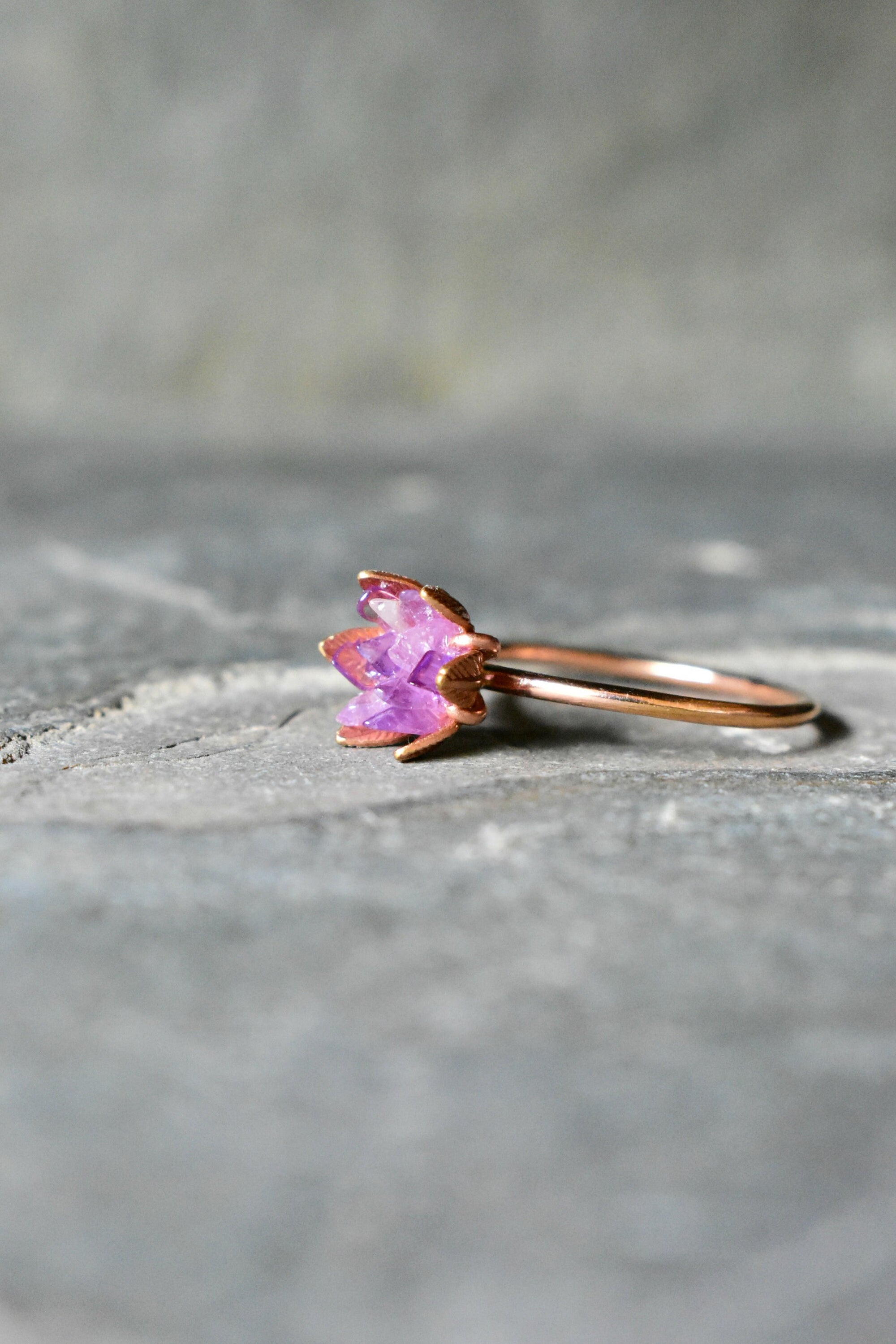 Unique Amethyst Ring, Lotus Flower Ring in Rose Gold, Uncut Gemstone Birthstone Ring, Raw Rough Amethyst Jewelry, January Birthstone Ring
