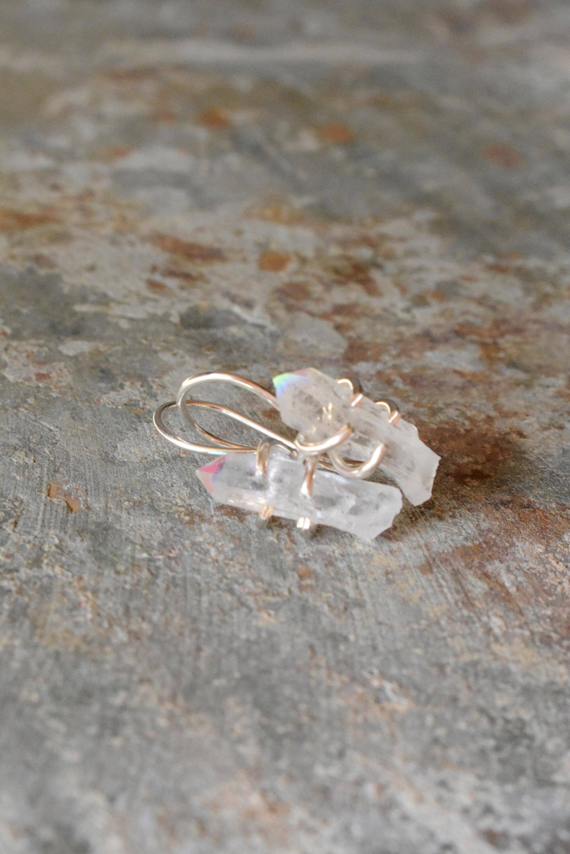 Angel Aura Crystal Point Jewelry, Raw Rainbow Quartz Earrings, French Ear Wire Dangle Earrings, Unique Bridal Shower or Wedding Day Luxury