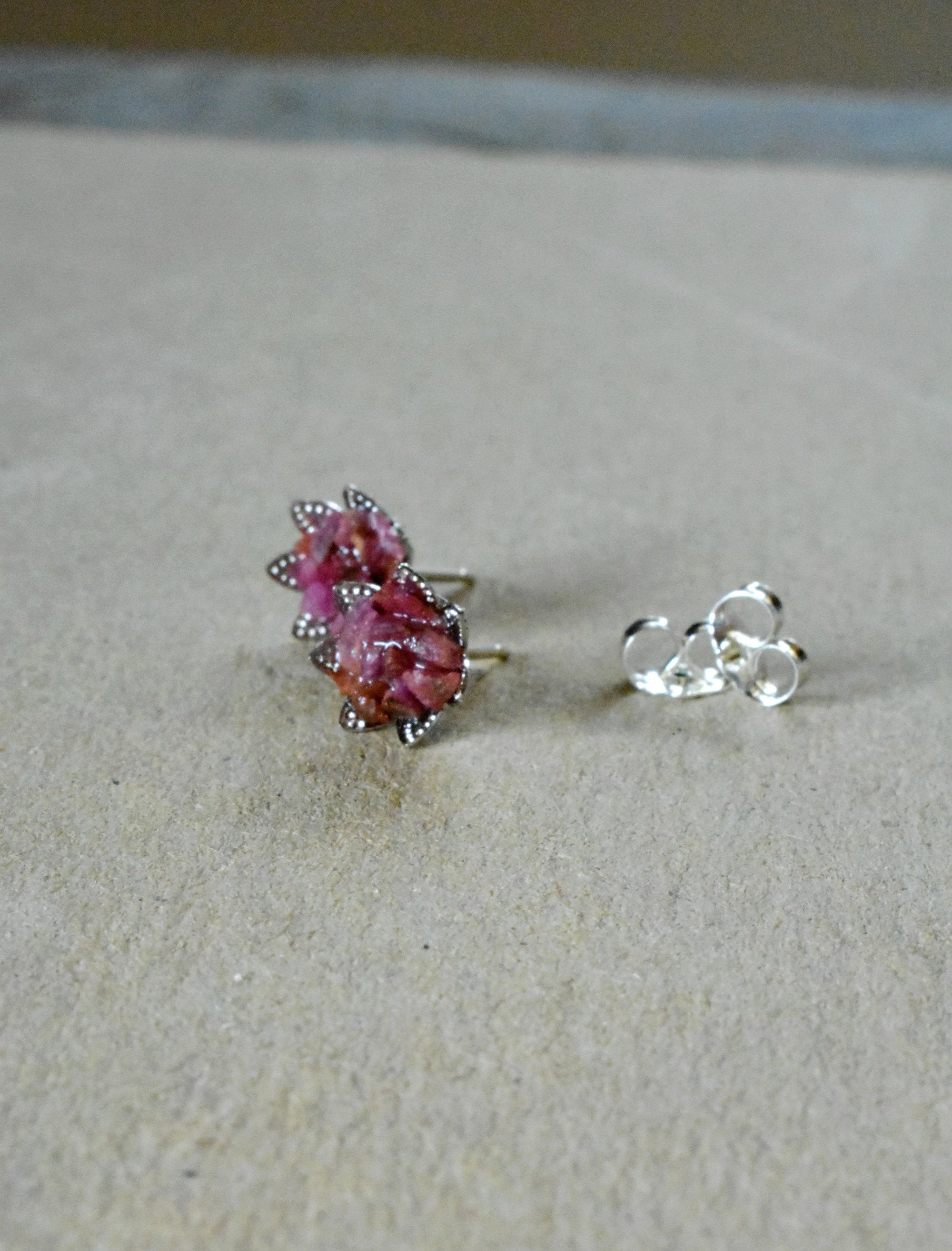 Ruby Earrings, Raw Ruby Studs, Lotus Flower Design, July Birthstone Jewelry in Silver, Red Gemstone 1st Root Chakra Jewelry, Minimalist Stud