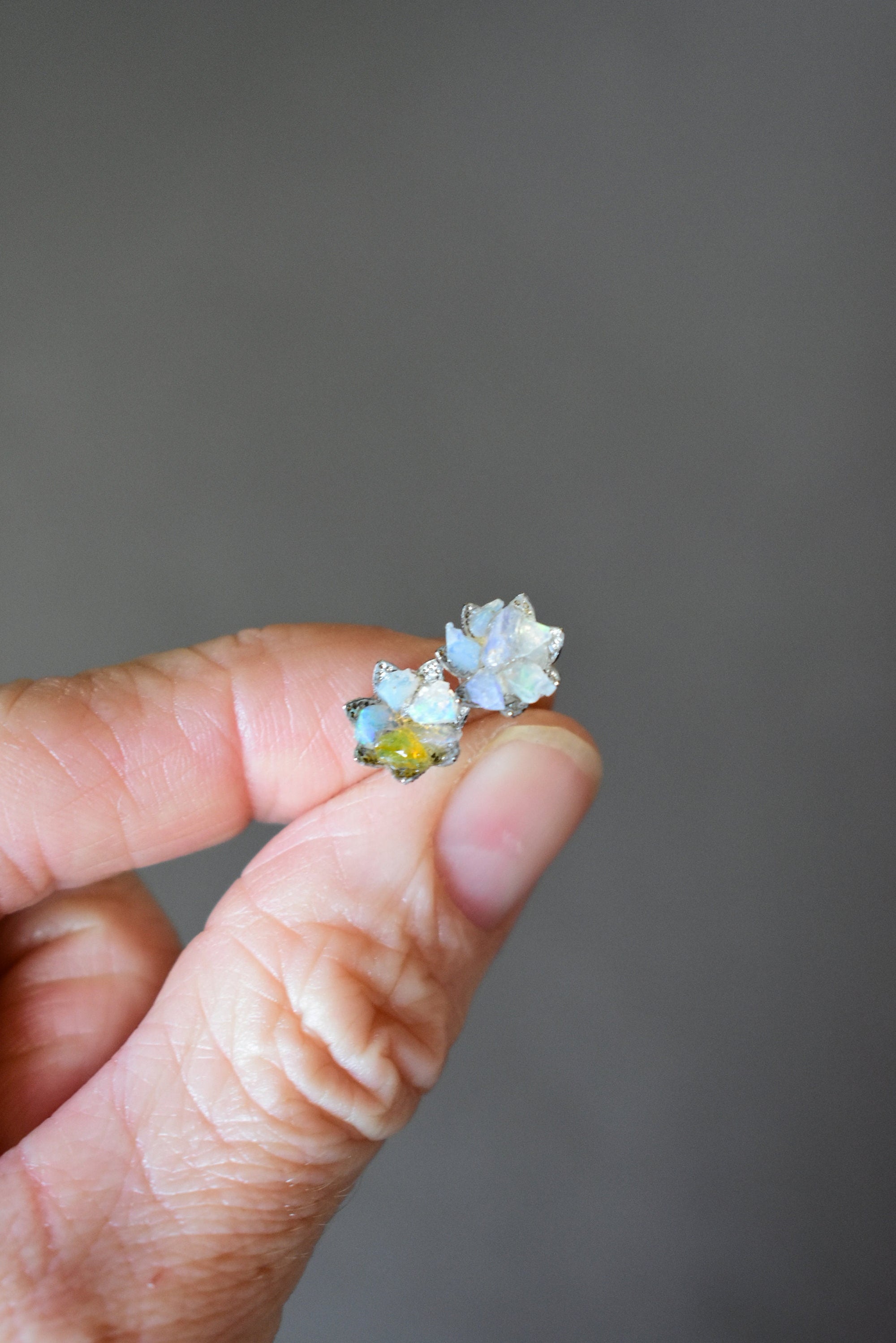 Opal Stud Earrings, Opal Lotus Flower Jewelry, October Birthstone Jewelry, Raw Fire Opal and Silver Flower Jewelry, Uncut Gemstone Studs