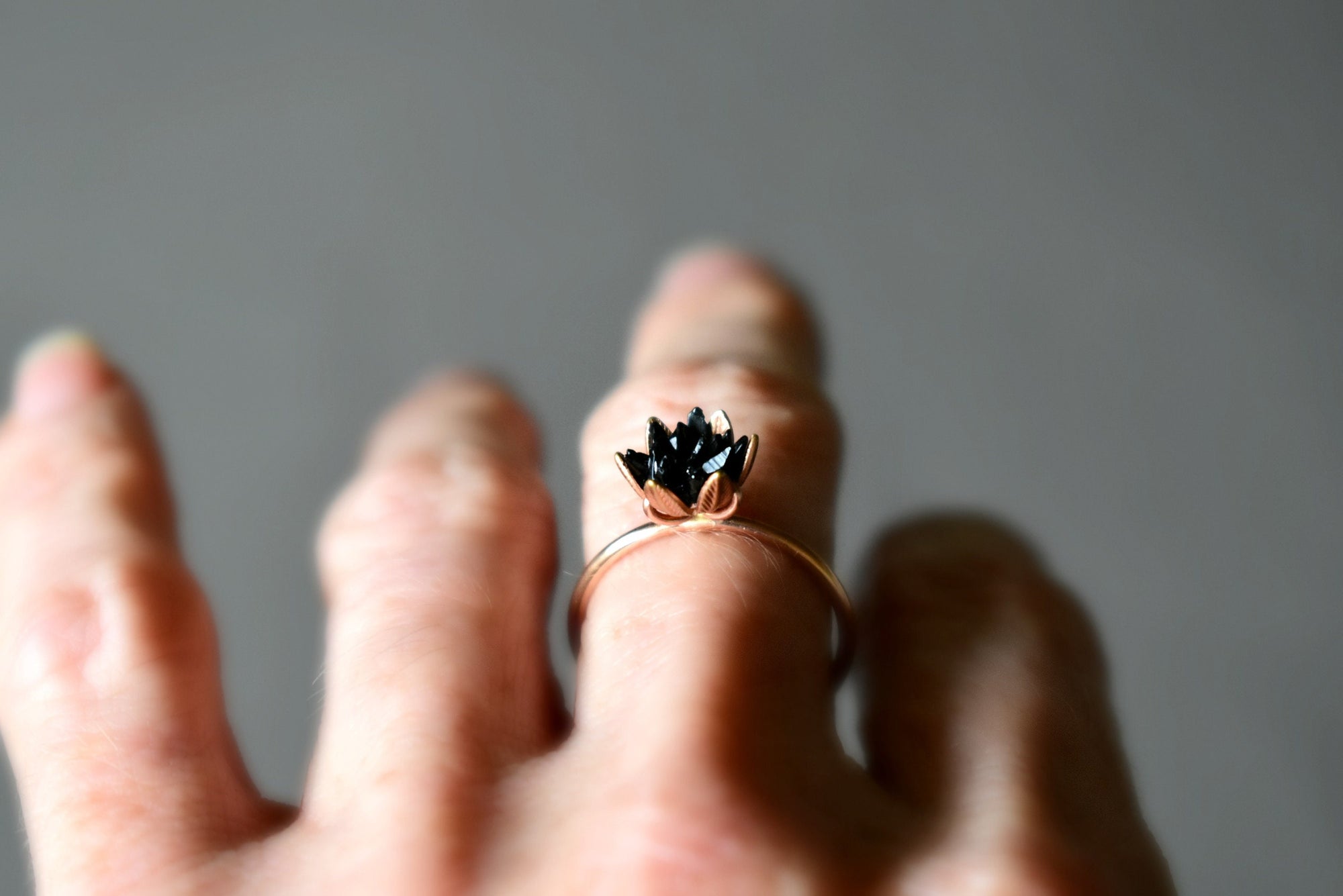 Black Tourmaline Ring, Multiple Stone Jewelry in 14K Rose Gold Fill, Lotus Flower Ring Trending on Etsy, BOHO, Modern Crystal Valentines