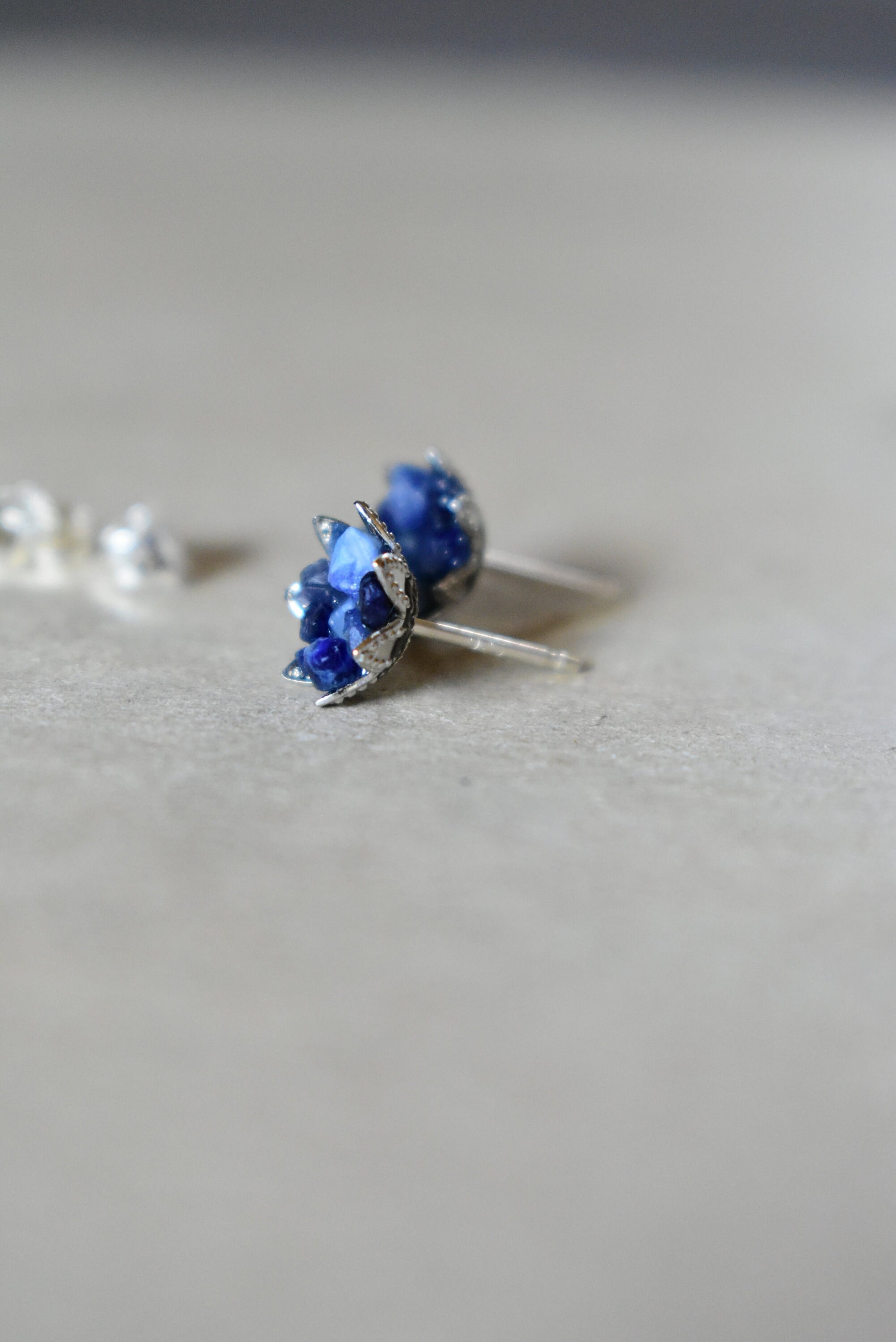 Sapphire Earrings, Uncut Sapphire Studs, Lotus Flower Design, September Birthstone Jewelry, Sapphire and Silver, Blue Gemstone Jewelry