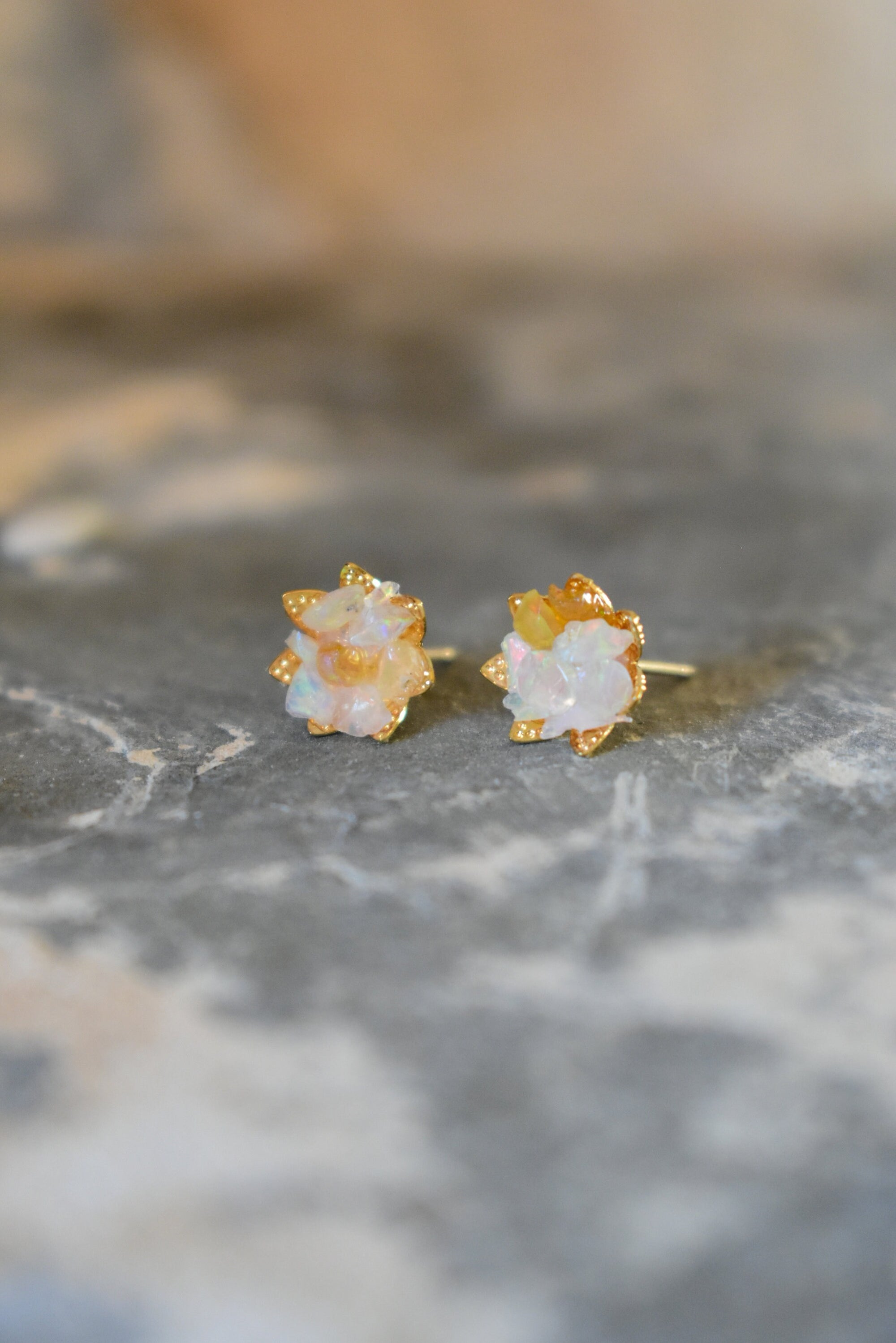 Opal & Gold Stud Earrings, Opal Lotus Flower Jewelry, October Birthstone Jewelry, Raw Fire Opal and Gold Jewelry, Uncut Gemstone Studs Libra