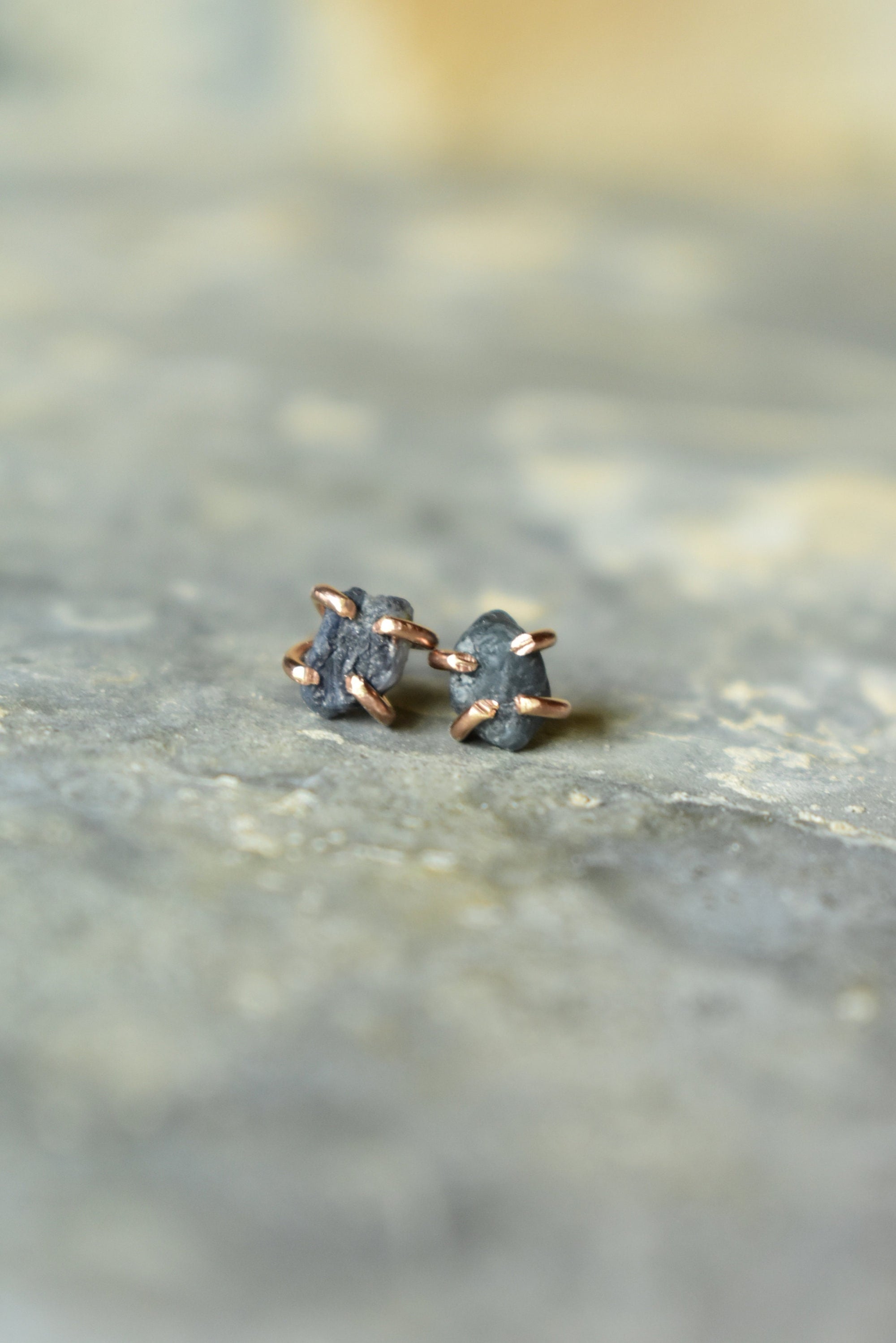 Raw Sapphire & 14K Rose Gold Fill Earrings, Uncut Gemstone Jewelry, Rough Blue Prong Studs, Minimalist Jewelry, September Birthstone Gifts