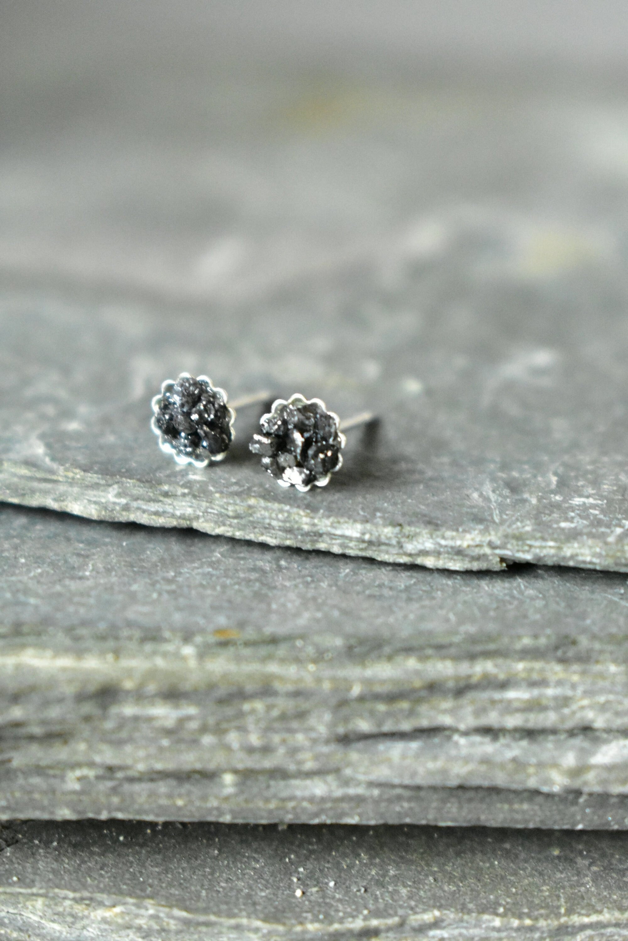 Rough Black Diamond Earrings, Raw Diamond Studs, April Birthstone Jewelry, Valentines Gift for Wife, Birthday, 60th Diamond Valentines