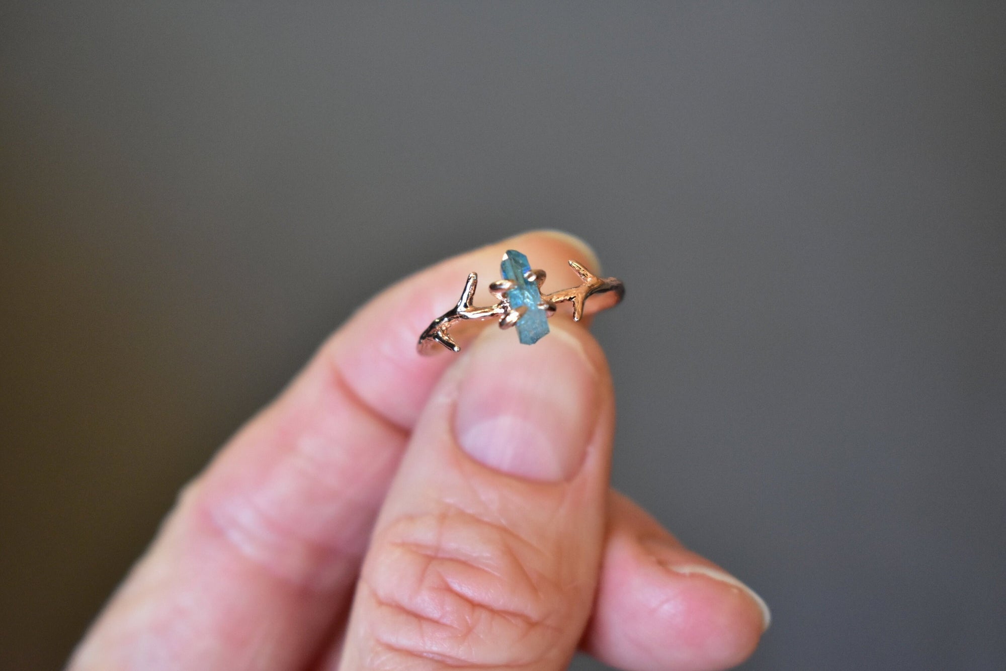 Most Unique Birthday Gift for Women, Tree Branch Band, Rose Gold & Aqua Aura, Antler Ring for Nature Lover, Witch Ring, Woodland Jewelry
