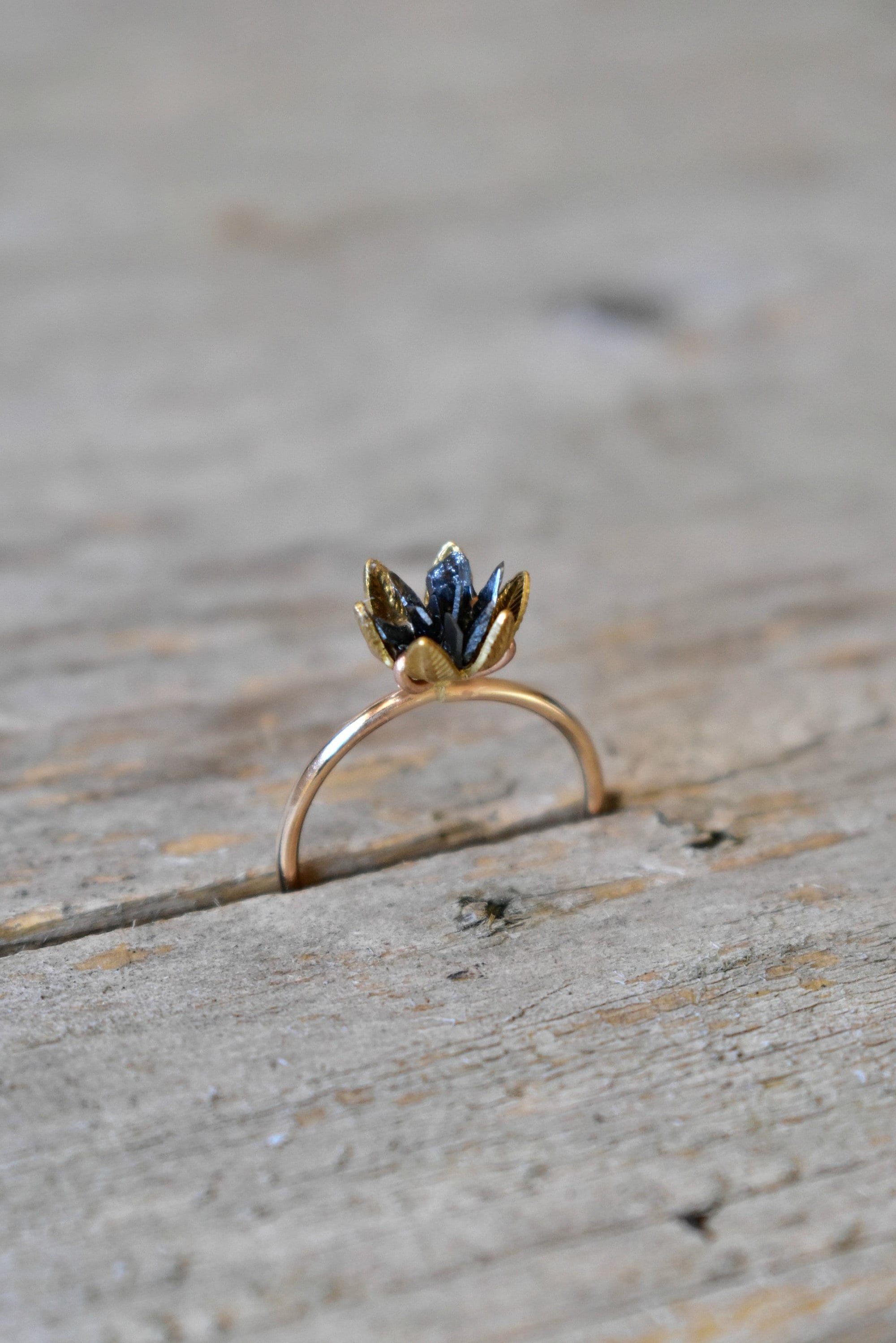 Rough Black Diamond Lotus Ring, Aries Zodiac, April Birthday Jewelry, Black and 14K Gold Diamond Engagement Ring, Luxury Valentines Wife
