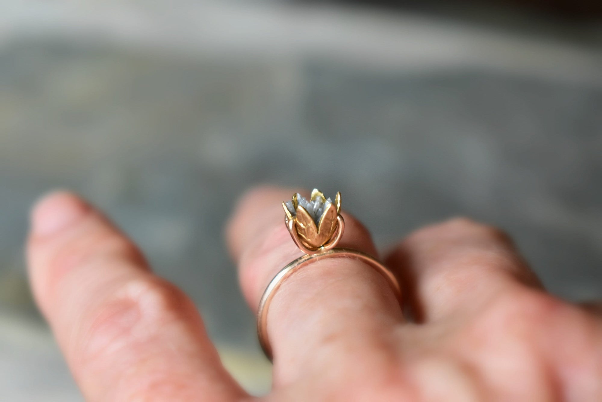 Authentic Diamond and Gold Ring, Unique Unusual Raw Diamond Pipes, Lotus or Tulip Flower Ring, Uncommon Diamond Wedding Day Gift for Wife