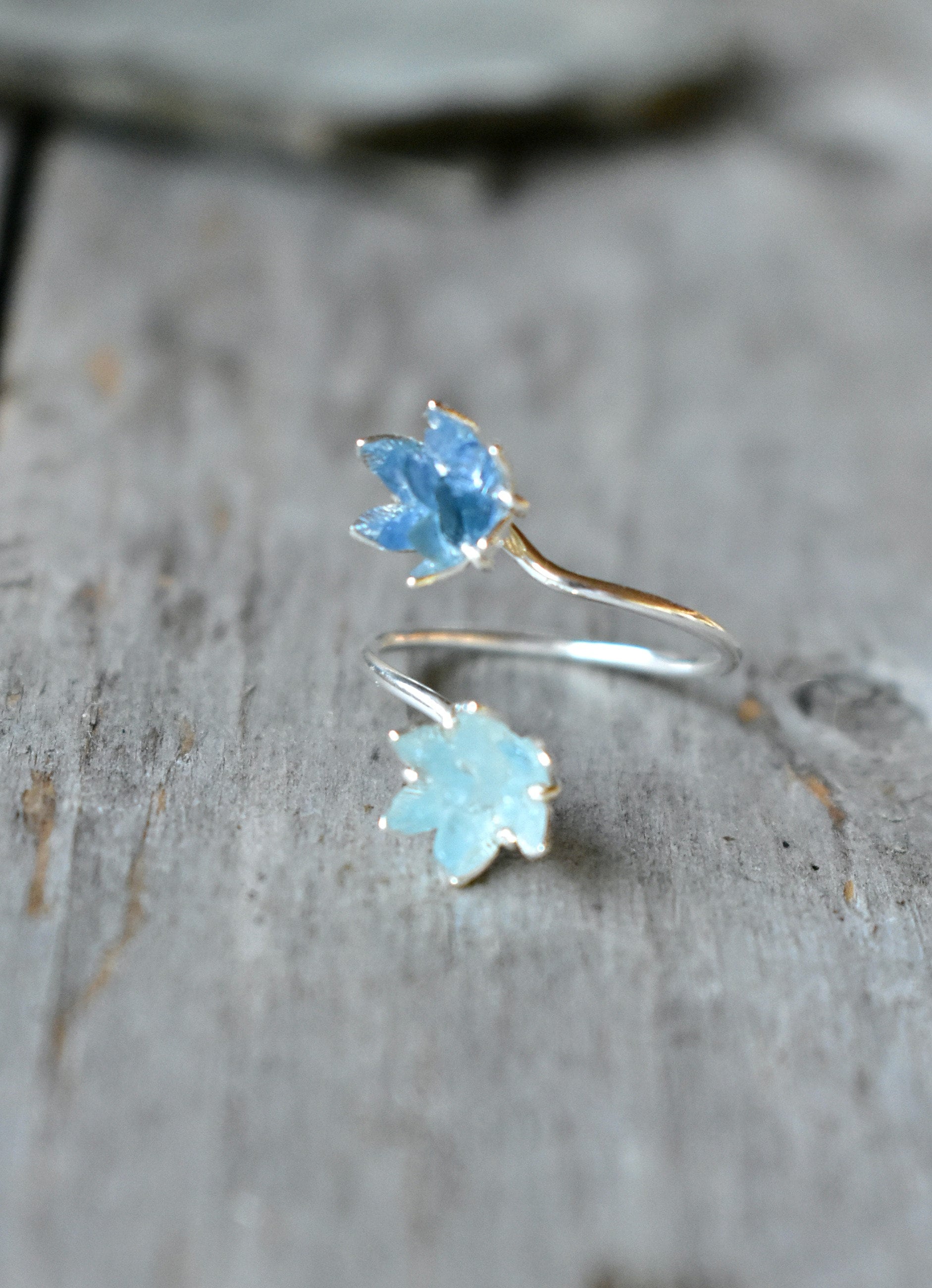 Unique Aquamarine & Sapphire Ring, Lotus Flower Mother's Ring in Silver, Uncut Gemstone Engagement Band, Double Floral Ring Flower Cuff Ring