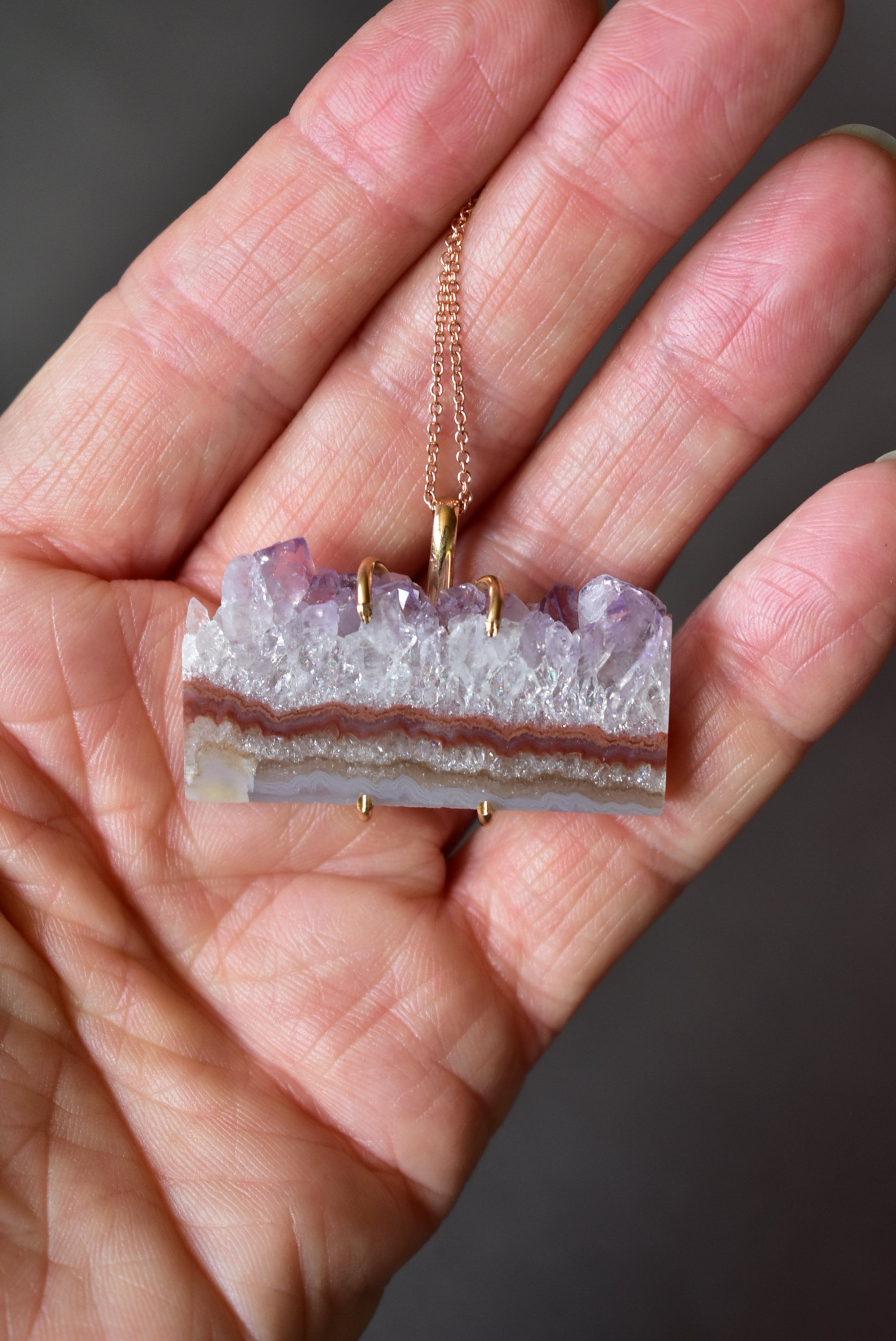 Amethyst Crystal and Gold Fill Pendant Necklace, Raw Crystal Slice Pendant, Sagittarius Zodiac & Crown Chakra Color, Mountain Range Jewelry