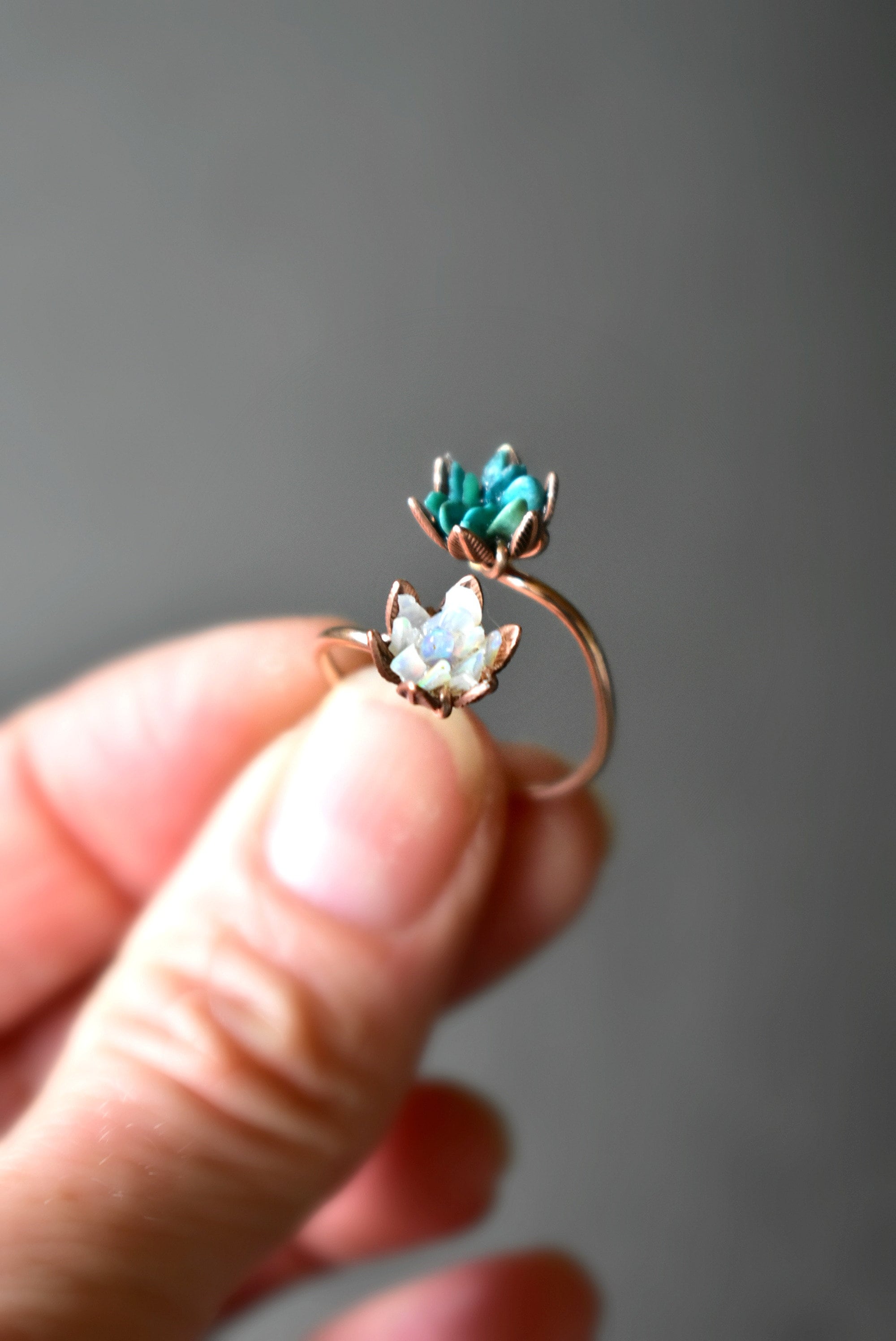 Unique Opal Turquoise Floral Ring, Succulent Jewelry, Lotus Flower Ring, Rose Gold Birthstone Jewelry, Double Flower Cuff Ring, Mothers Ring
