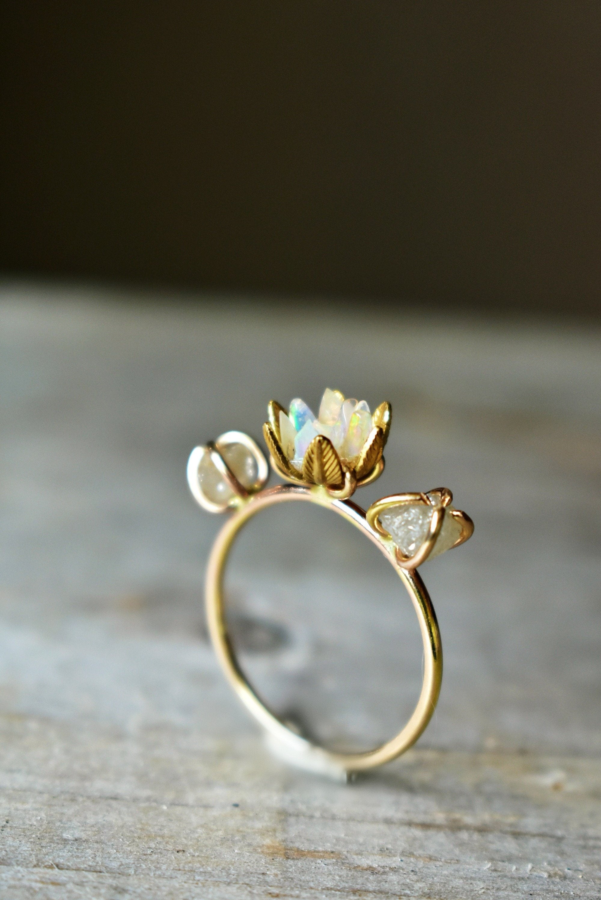 Raw Opal and Diamond Ring, Gold and Multiple Stone Opal Lotus Flower Ring, Women's April October Gemstone Birthstone Jewelry, Custom Ring