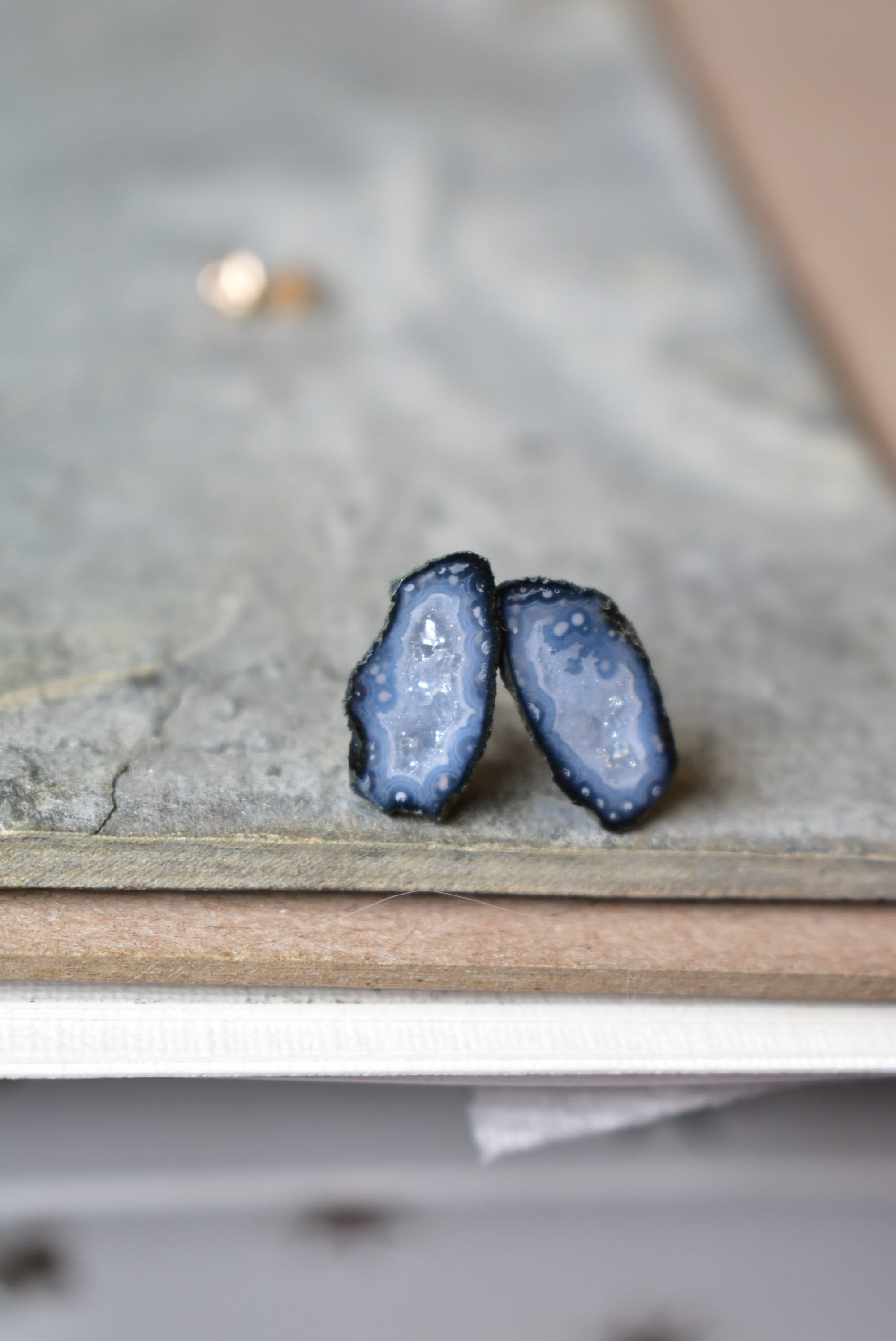 Raw Blue Geode Earrings, Light and Dark Blue Geode & Gold Posts, Non Toxic Allergy Free Stud, March Birthstone Idea, Cancer Zodiac Blues