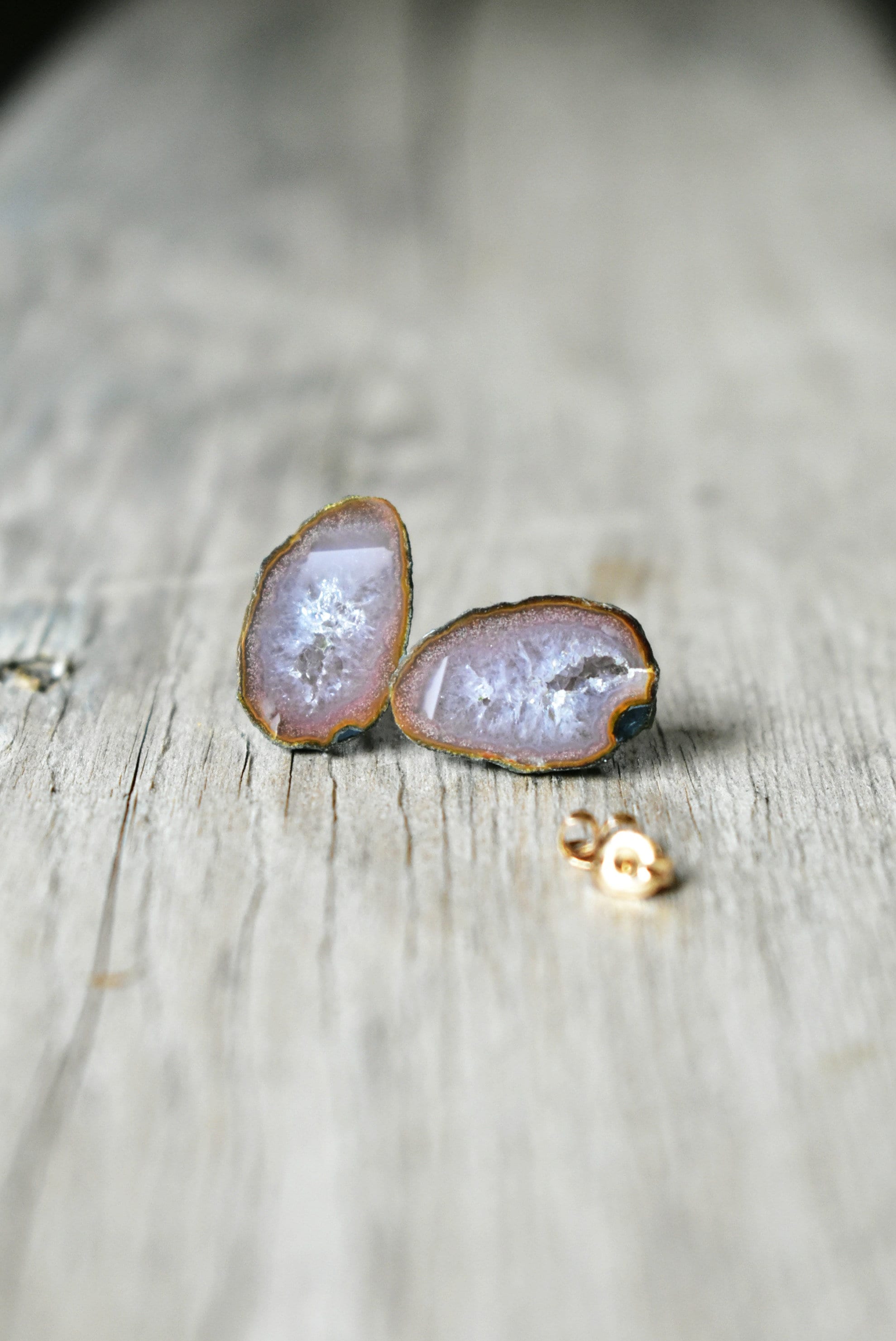 Natural Gemstone Earrings, Pale Pink and Gold Studs, Winter 2023 Jewelry Trends in 14K Yellow Gold, Baby Geode Stud Earrings for Women