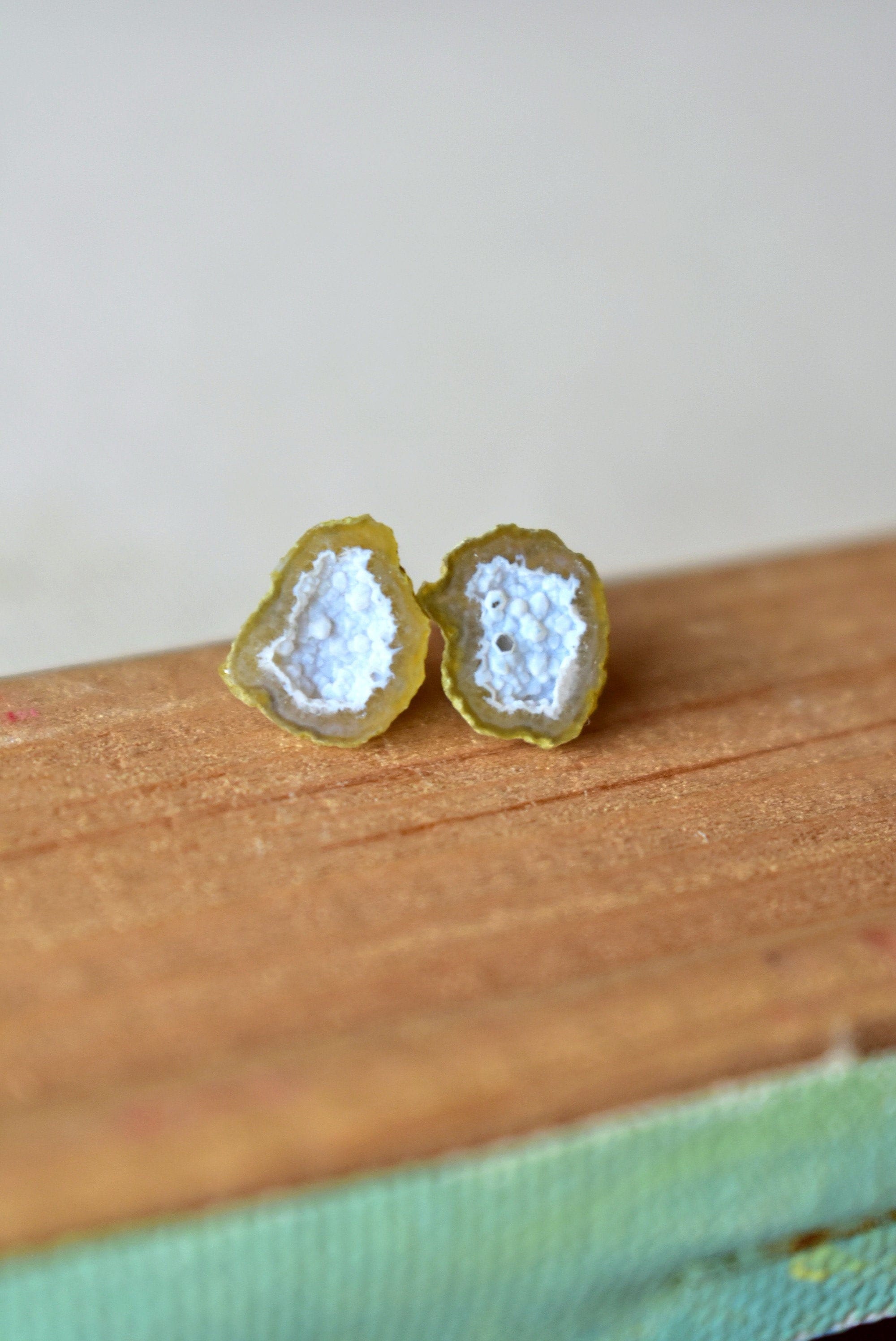 Gold Crystal Stud Earrings, Unusual Jewelry Women, Butterscotch and White Raw Geode on 14K Gold Studs, Rough Gemstone Fall Fashion Outfit