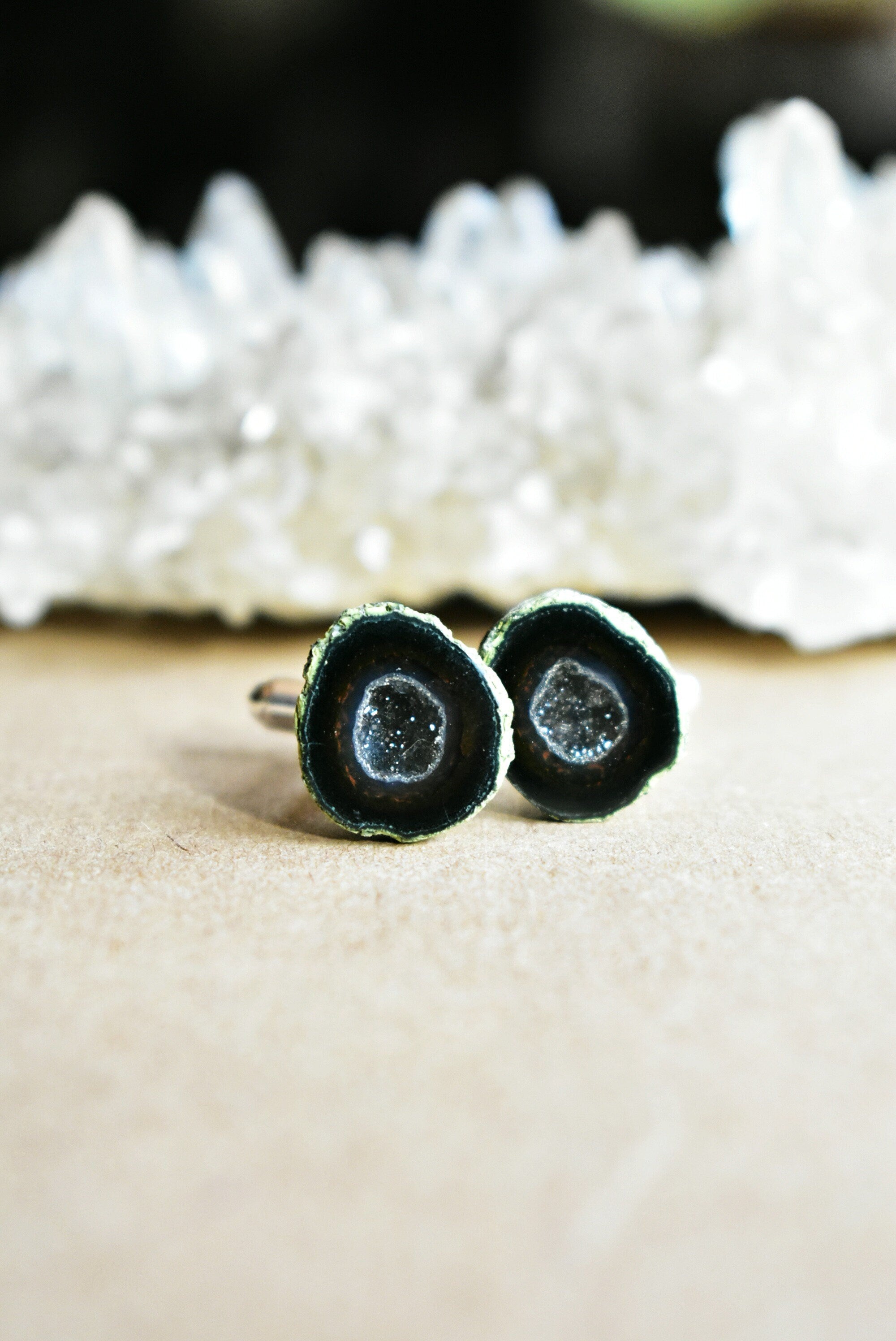 Unique Men's Jewelry Gift, Black Geode & Sterling Silver Cufflinks for Husband, Mens Metal French Cuff Suit Jewelry, Wedding Gift My Fiance