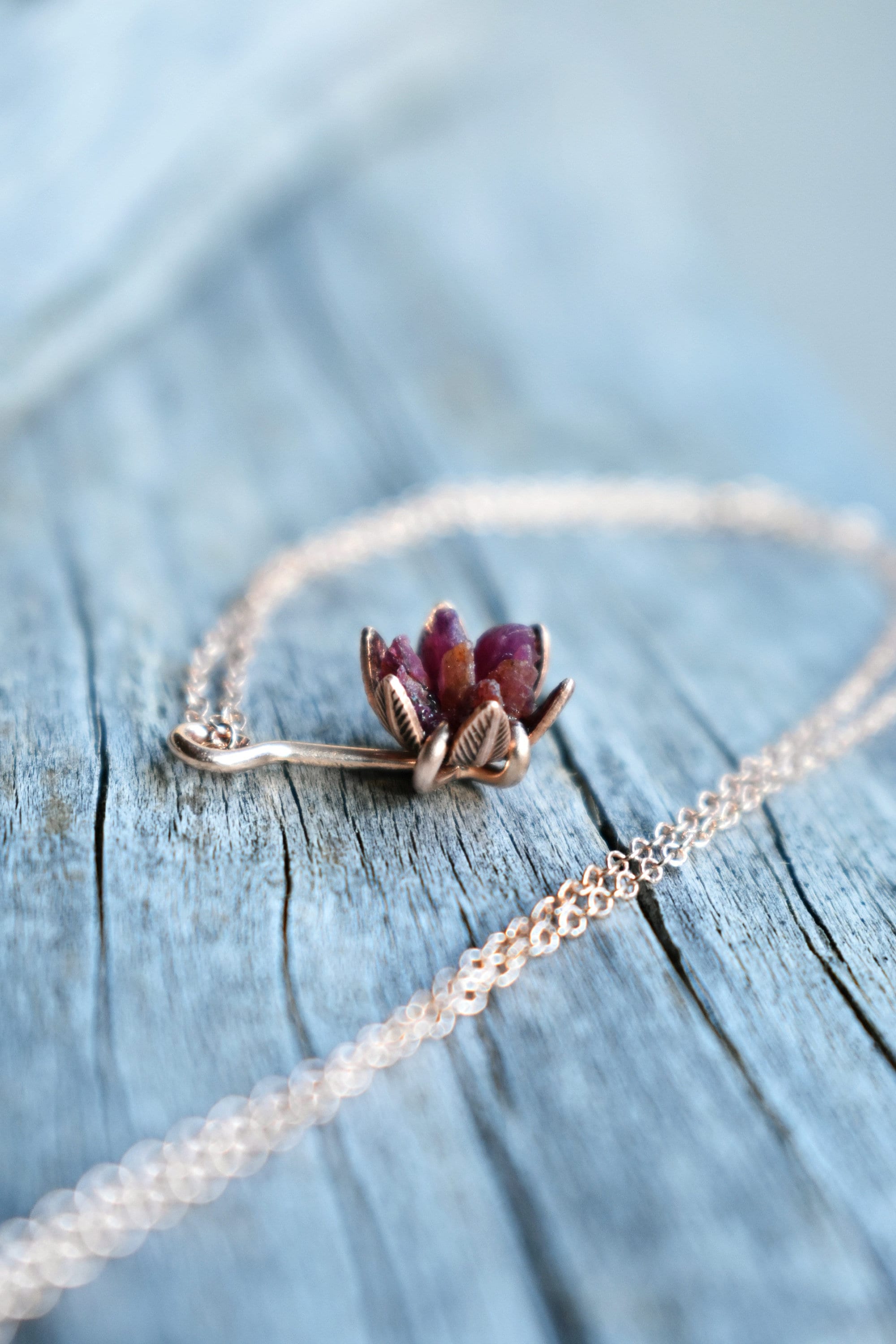 Rough Gemstone and 14K Rose Gold Necklace, Flower Pendant in Pink Gold, Lotus Flower Jewelry for Women, Unique One of a Kind Jewelry
