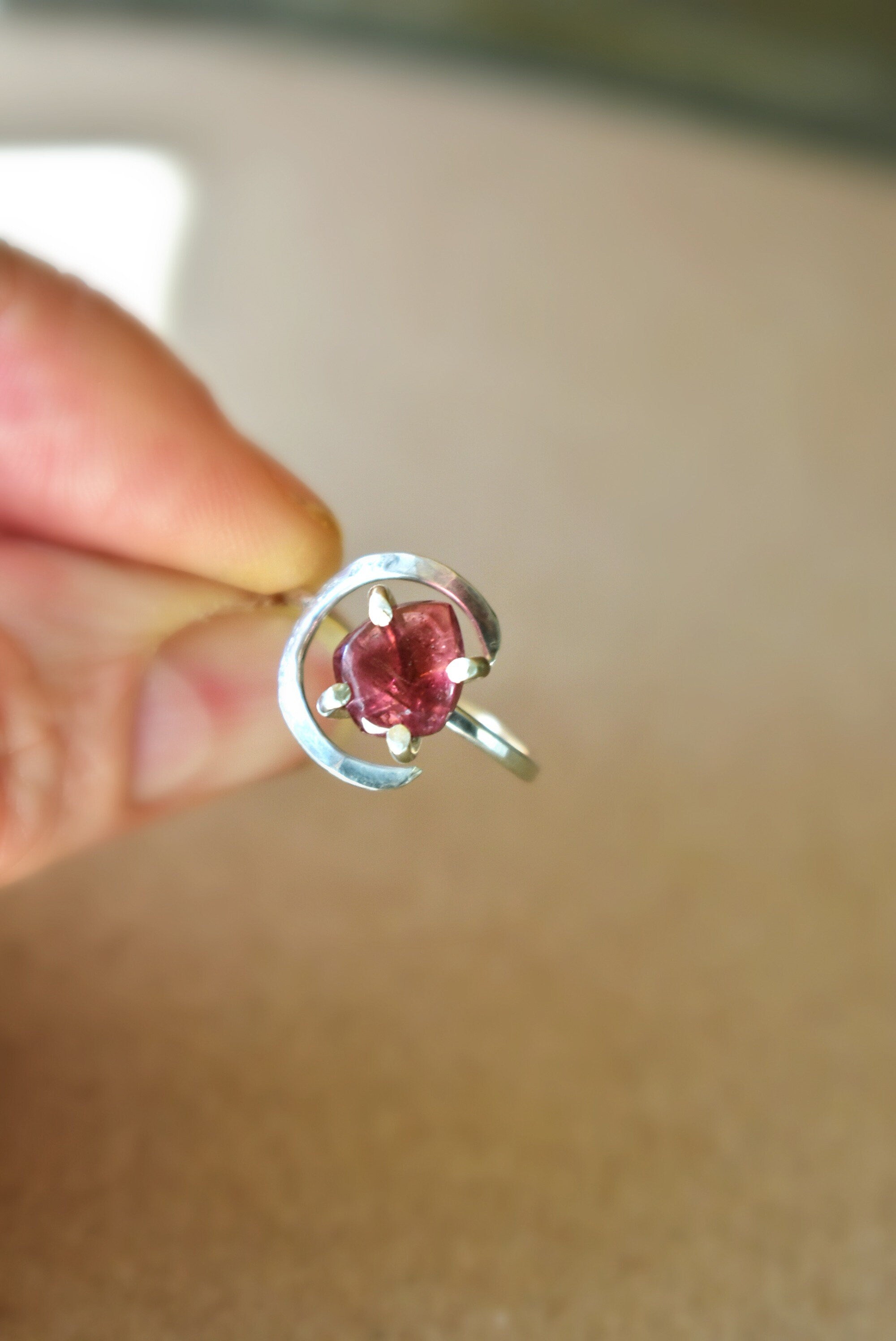 Silver Moon Ring & Watermelon Tourmaline Crystal, Crescent Moon and Red Gemstone Ring, Sterling Silver Half Moon Jewelry for Women, Fits All