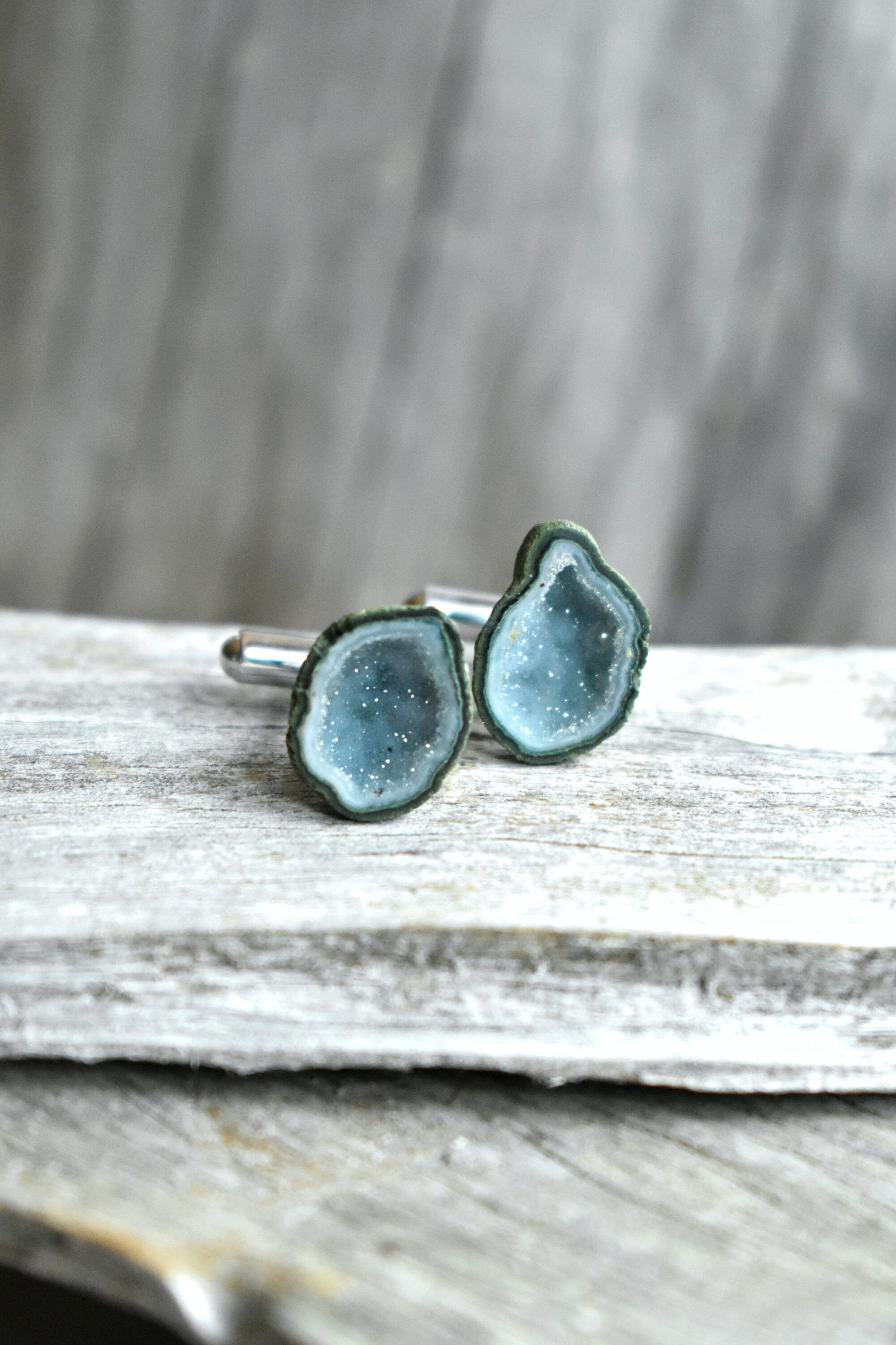 Blue Geode Sterling Silver Cufflinks, Rough Rock Jewelry for Fathers Day, Wedding Day Tuxedo Cufflinks for Groom, Unique Men's Jewelry Gifts