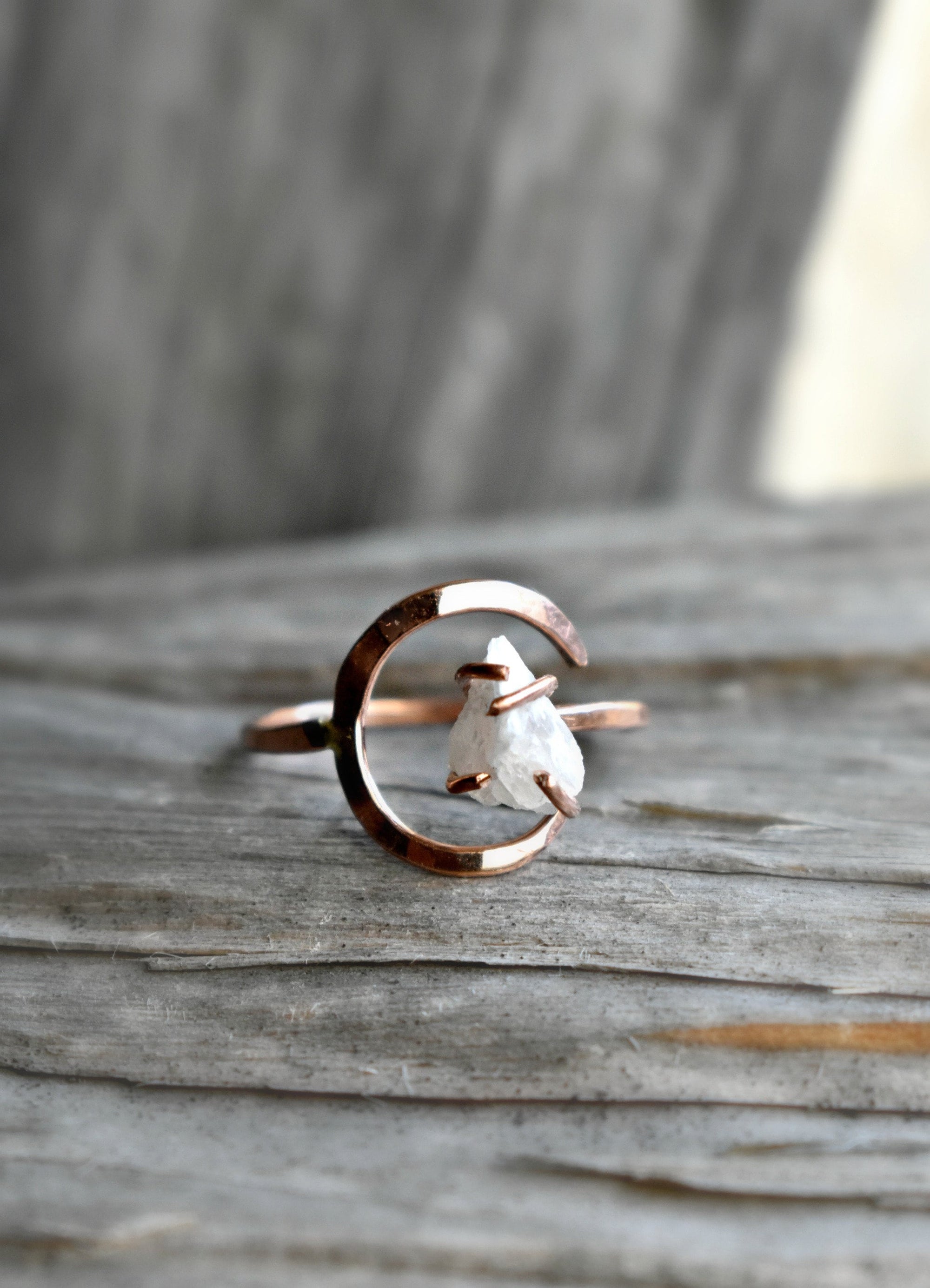 Crescent Moon and Moonstone Ring, Rose Gold Half Moon Phase Jewelry for Women, Lunar Celestial Ring & Triangle Shape Moonstone Cancer Zodiac