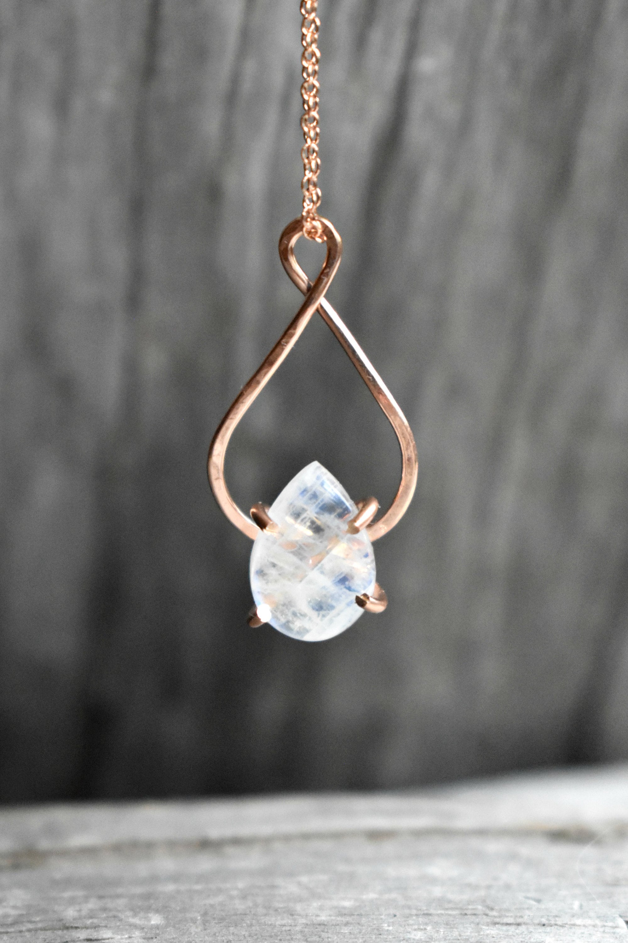 Moonstone Pendant Necklace, Teardrop Gemstone in 14K Rose Gold Fill Jewelry, Infinity Pendant Birthday Gift, Your Coice of Necklace Length