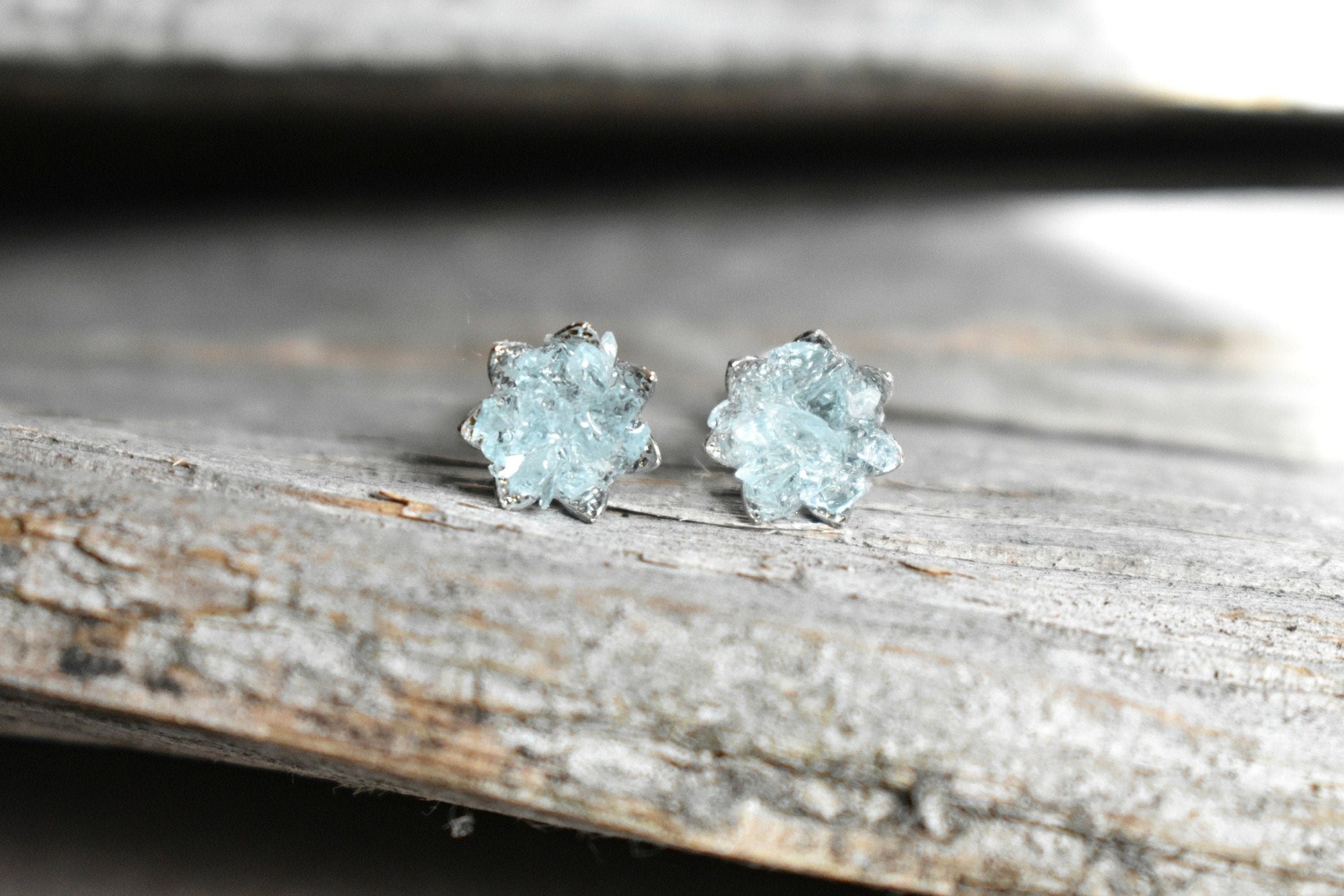 Blue Topaz Stud Earrings, Raw Topaz Lotus Flower Jewelry, Rough Blue Gemstone Crystal and Silver, Scorpio Zodiac November Birthstone Earring