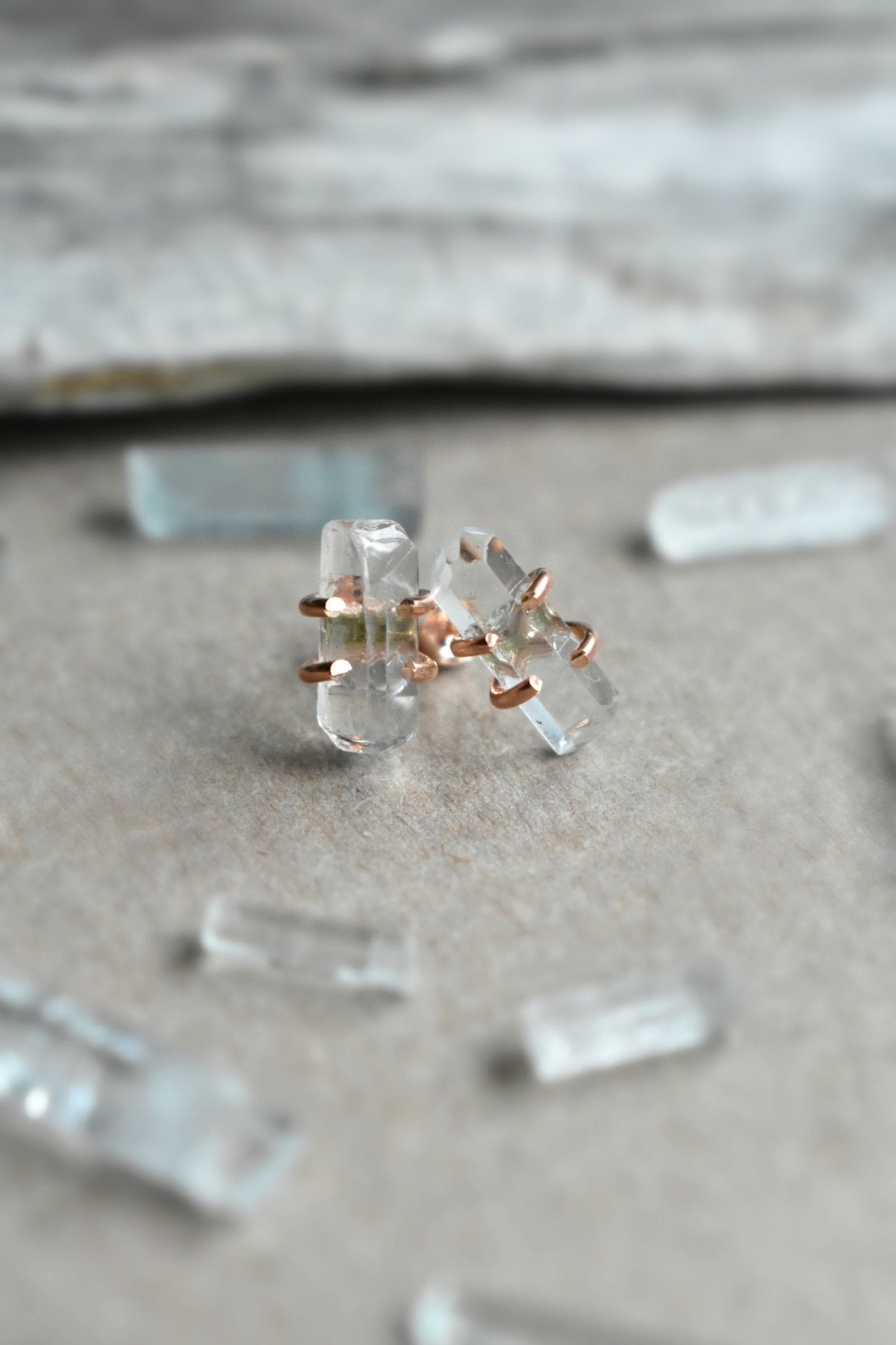 Rough Aquamarine in1 4K Rose Gold Fill Earrings, Blue Crystal Studs, Light Blue Earrings, Women's Avant Garde Jewelry with March Birthstone