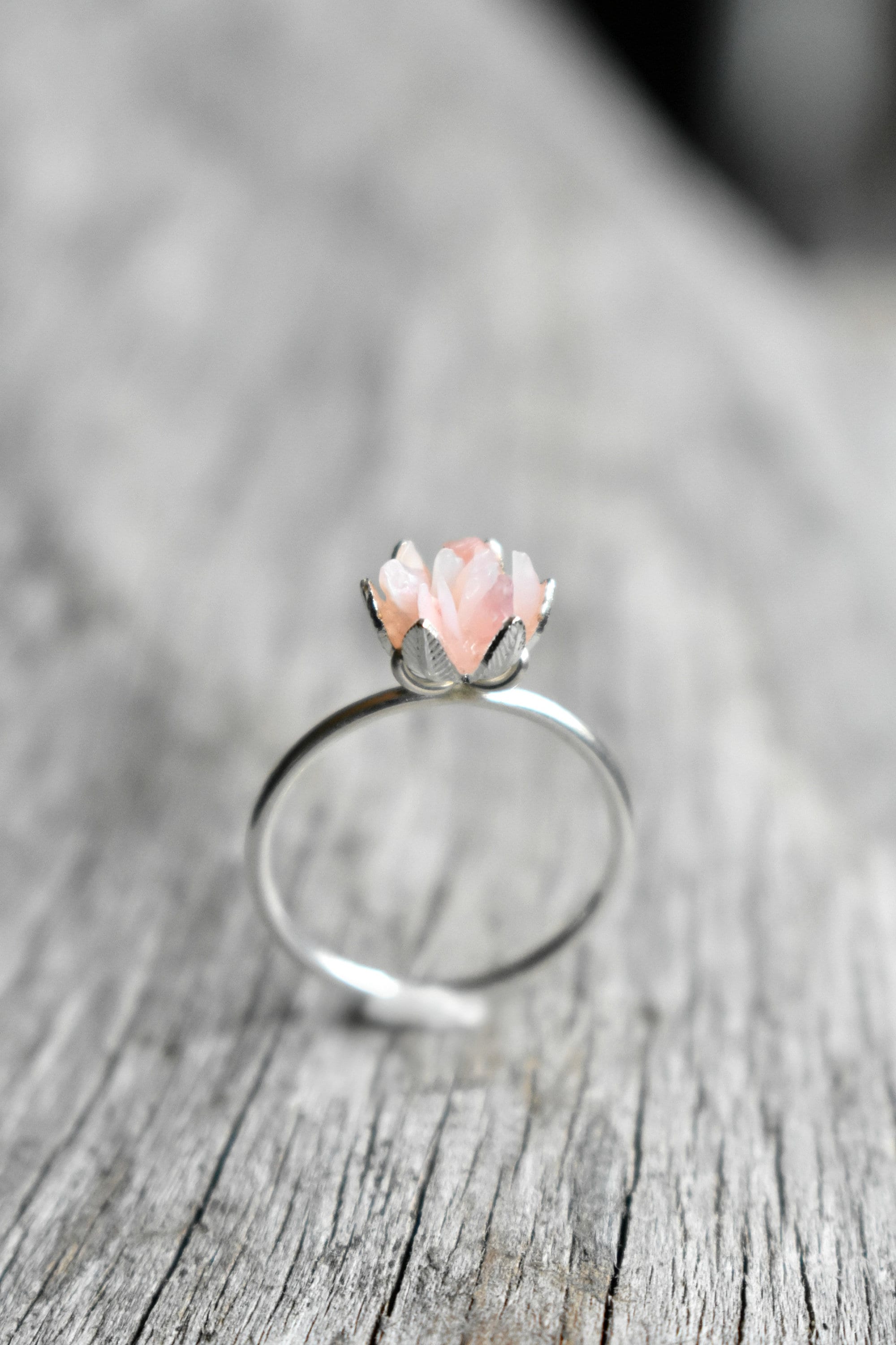 Unique Opal Ring, Peruvian Pink Opal Jewelry, Custom Uncut Opal Engagement Ring, Lotus Flower Ring in Silver, Raw Rough Fire Opal Jewelry