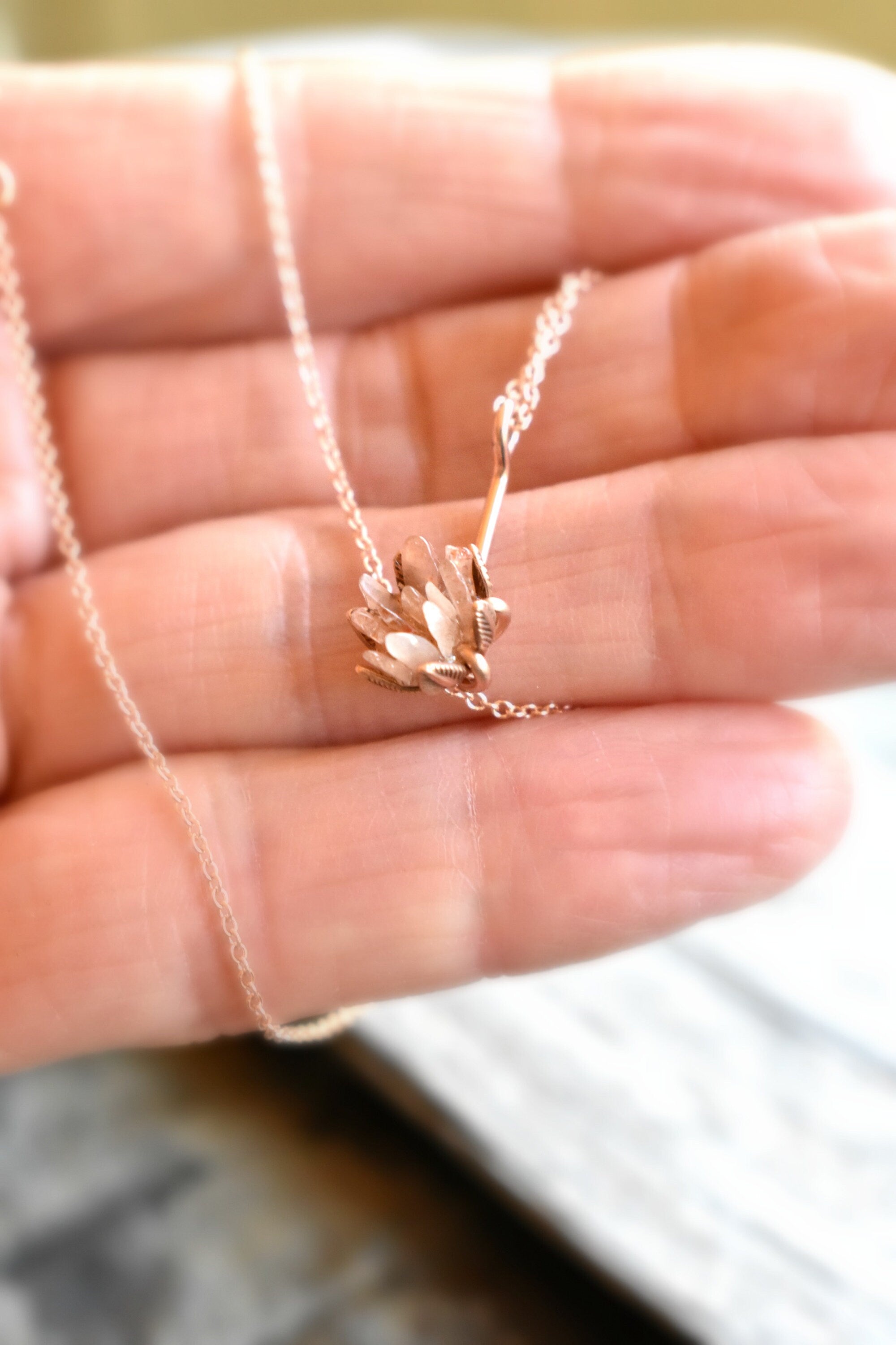 Peach Pink Moonstone and 14K Rose Gold or Sterling Silver Necklace, Flower Pendant Lotus Flower Jewelry, Unique One of a Kind Jewelry