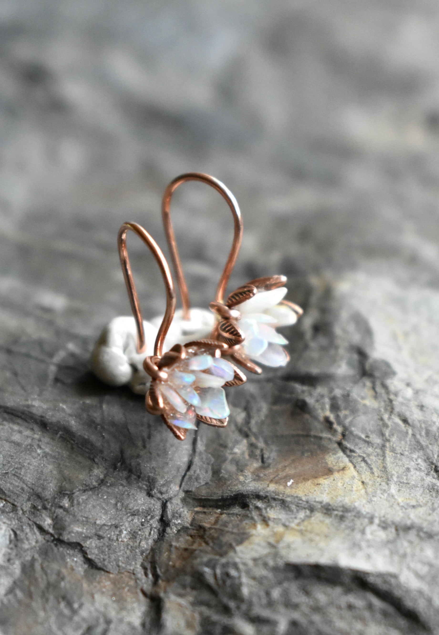 Raw Gemstone Lotus Earrings, Rough Natural Gemstones in 14K Rose Gold Fill French Ear Wire Dangles, Drop Dangle Earrings in Pink Gold Fill