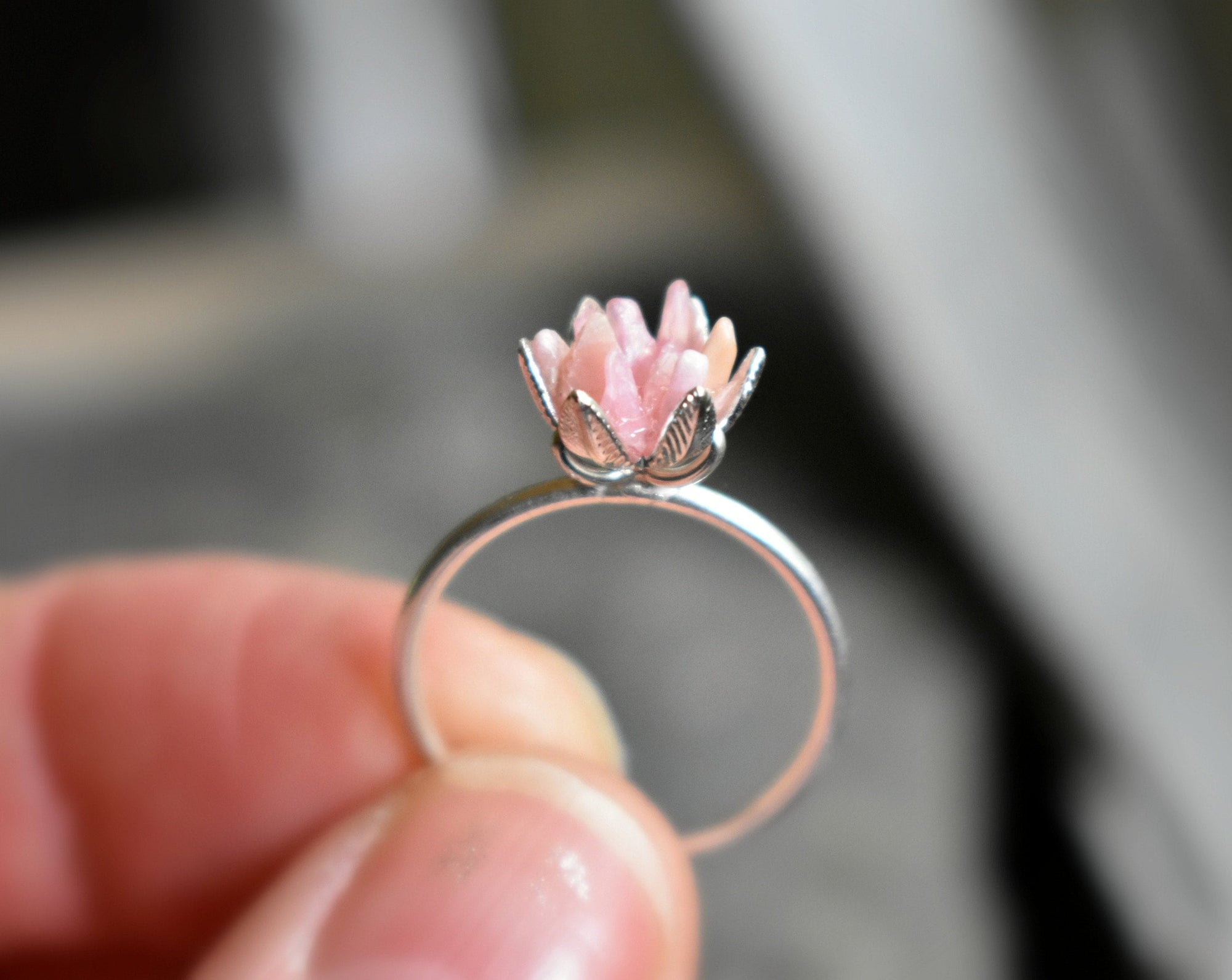 Unique Rhodochrosite Ring, Pink and Silver Jewelry, Pink Crystal Engagement Ring, Lotus Flower Ring in Silver, Rough Gemstone Jewelry