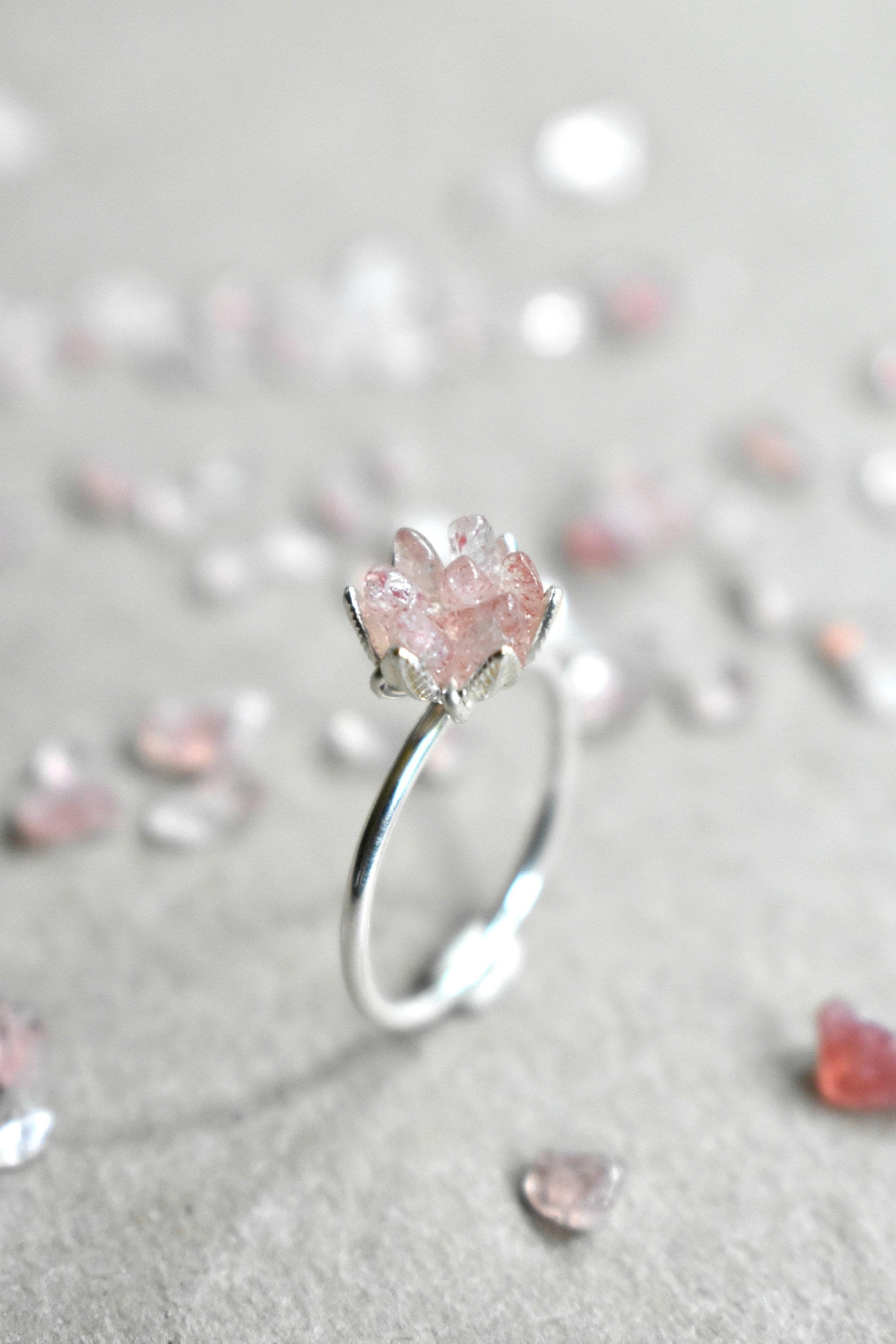 Strawberry Quartz Ring, Pink and Silver Jewelry, Pink Crystal Engagement Ring, Lotus Flower Ring, Libra and Heart Chakra Valentines Ring