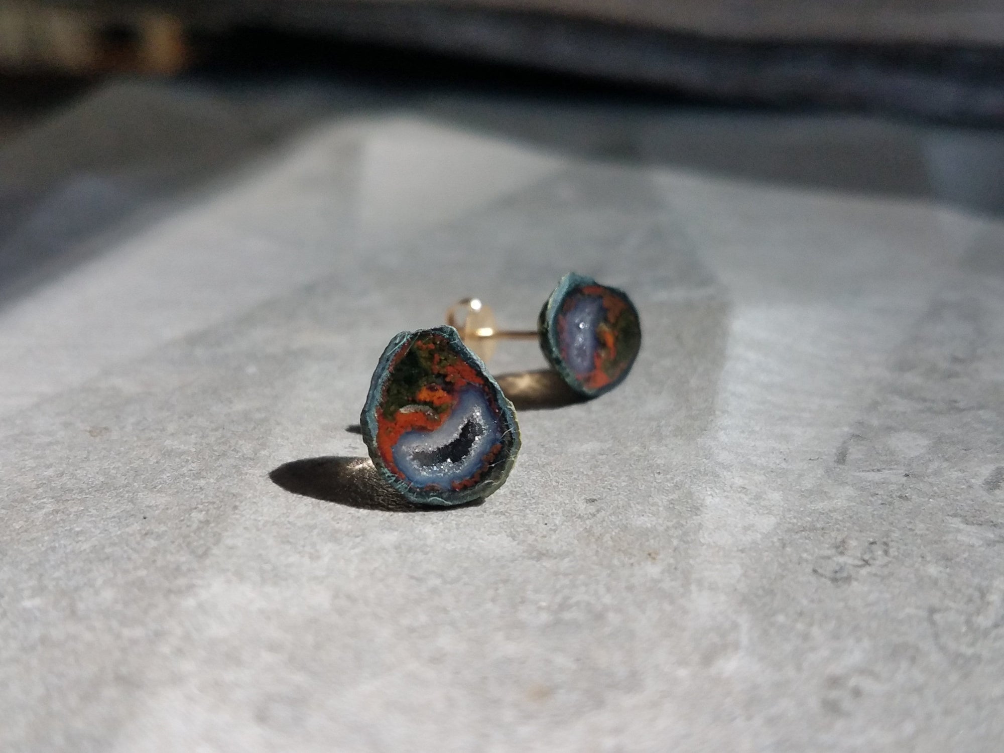 Tiny Red and Black Stud Earrings, Abstract Crystal Jewelry in 14K Yellow Gold Fill, Crystal Valentines Theme Gift, Miniature Stone Earrings