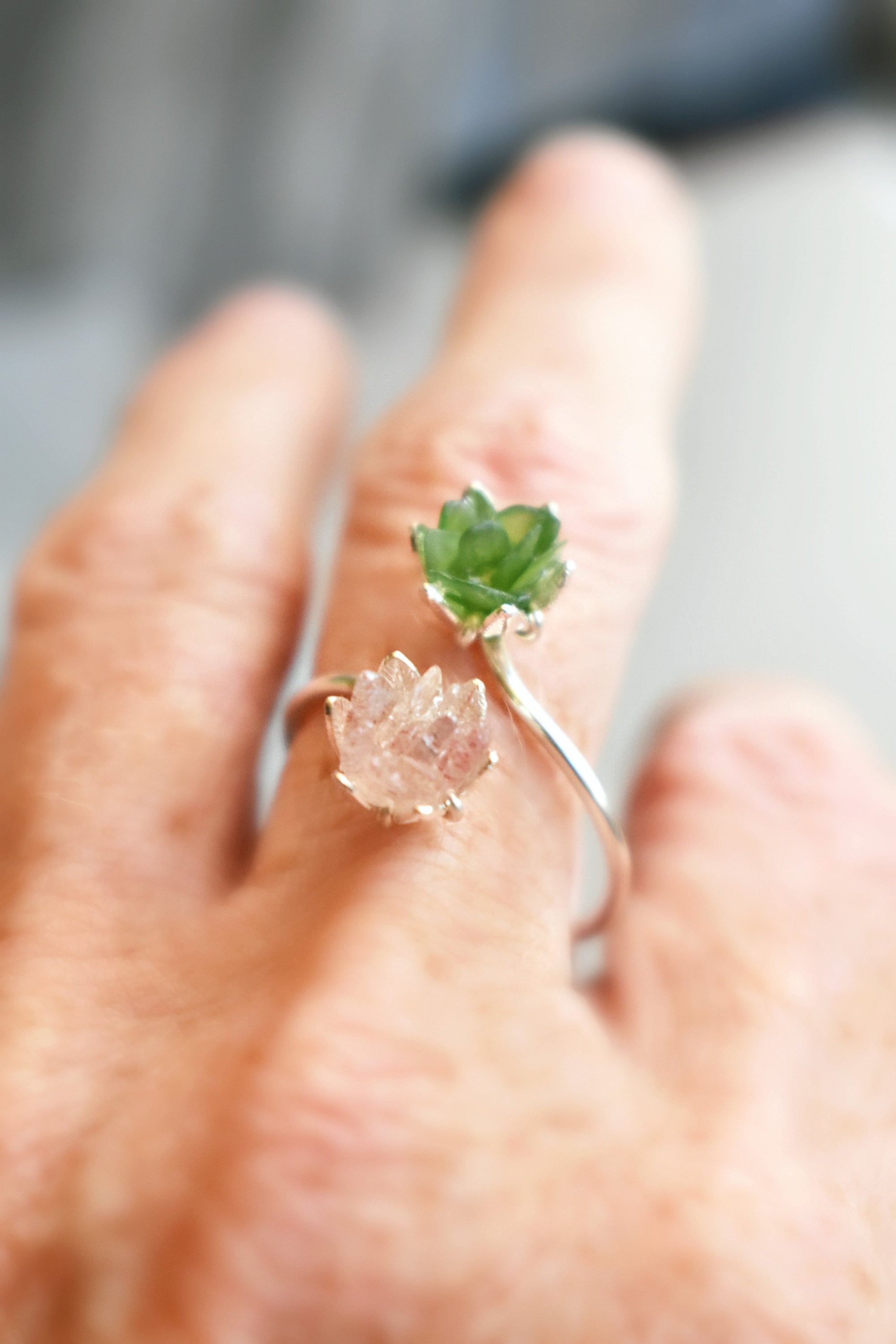 Unique Jade and Strawberry Quartz Ring, Lotus Flower Mother's Ring in Silver, Double Floral Flower Cuff Ring, Uncut Gemstone Engagement Band