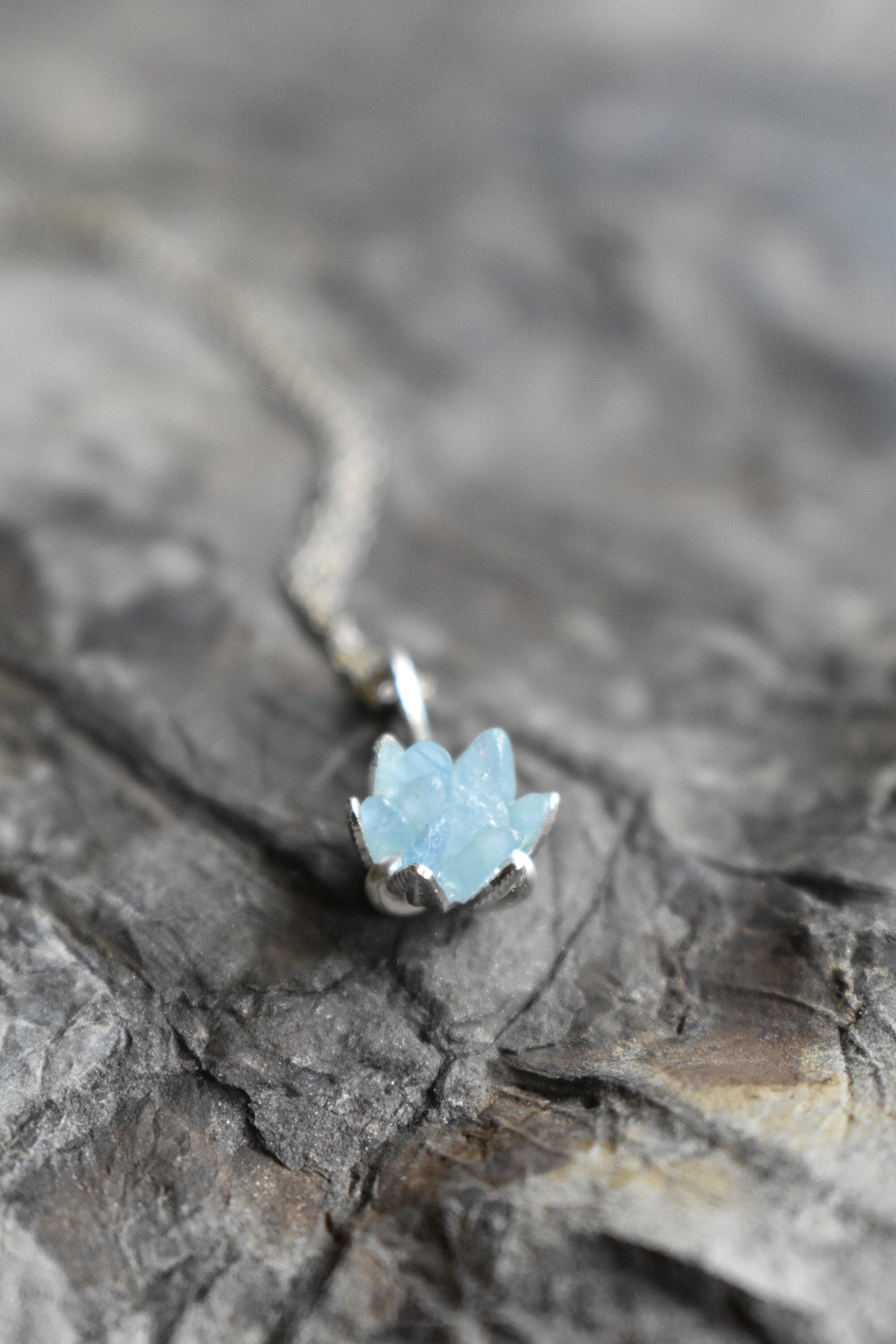 Aquamarine and Sterling Silver Pendant Necklace, Rough Blue Gemstone Lotus Flower Jewelry for Women, Unique March Birthstone Jewelry for Her