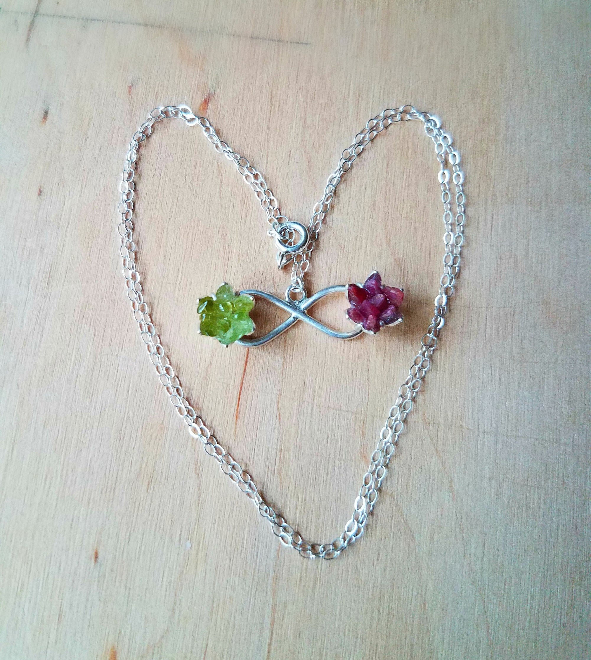 Sterling Silver Infinity Pendant Necklace with Lotus Flowers, Rough Gemstone Lotus Flower Jewelry, Unique Mothers Birthstone Jewelry for Her