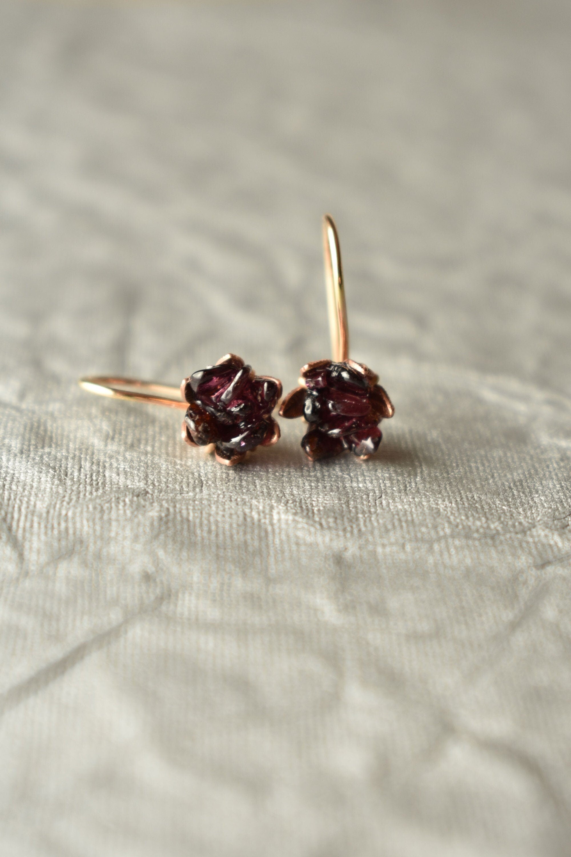 Rough Garnet Lotus Earrings, Red Garnet in 14K Rose Gold Fill French Ear Wire Dangles, Drop Earrings with Natural Gems, January Birthstone