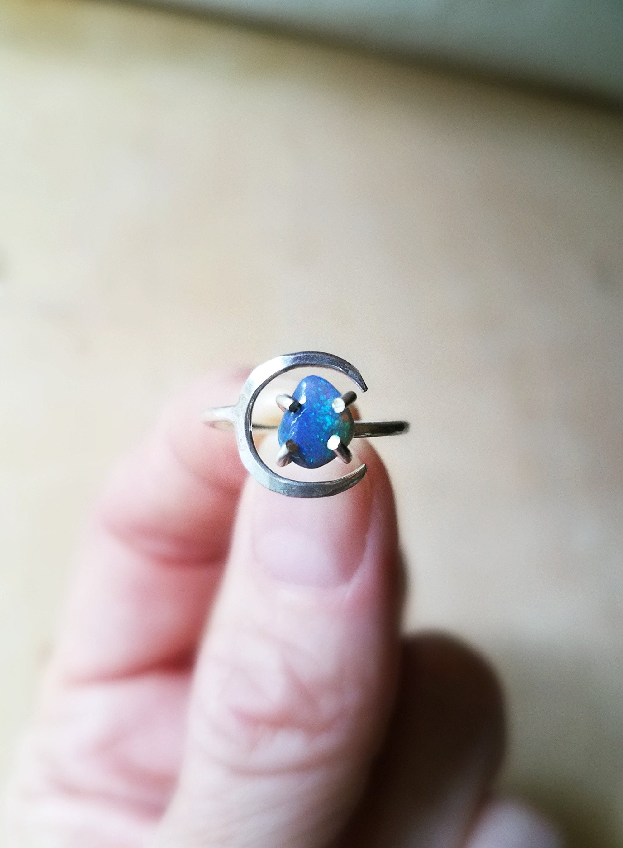 Half Moon Sterling Silver Ring with Semi-Black Opal, Crescent Moon Jewelry for Women, Spiritual Celestial Ring with Rough Fire Opal, Size 6+