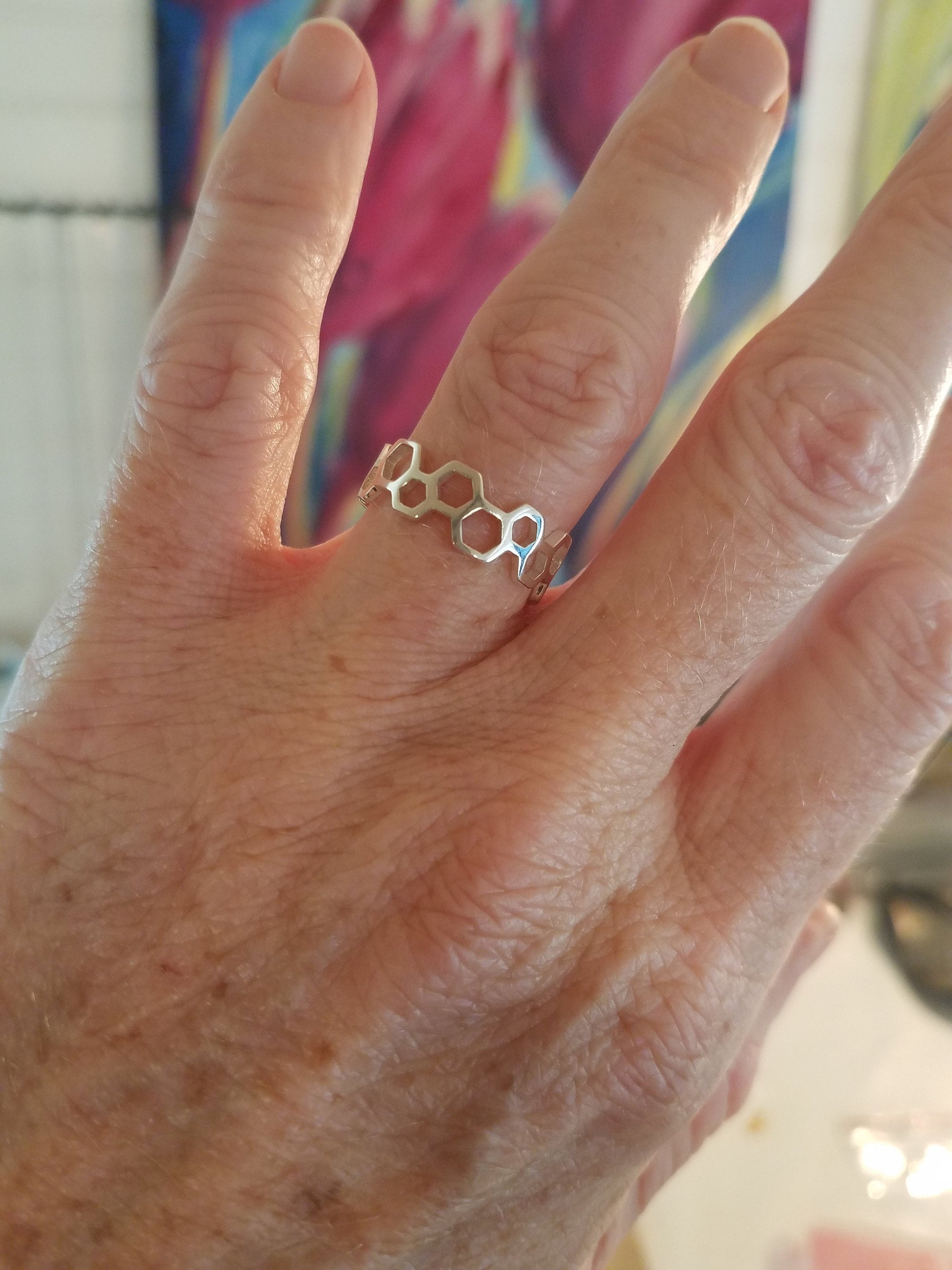 Honeycomb Jewelry, Save The Bees Tribute, Sterling Silver Honeycomb Ring, Unisex Geometric Jewelry Ring in 3 Sizes, Unique Bee Keeper Gifts