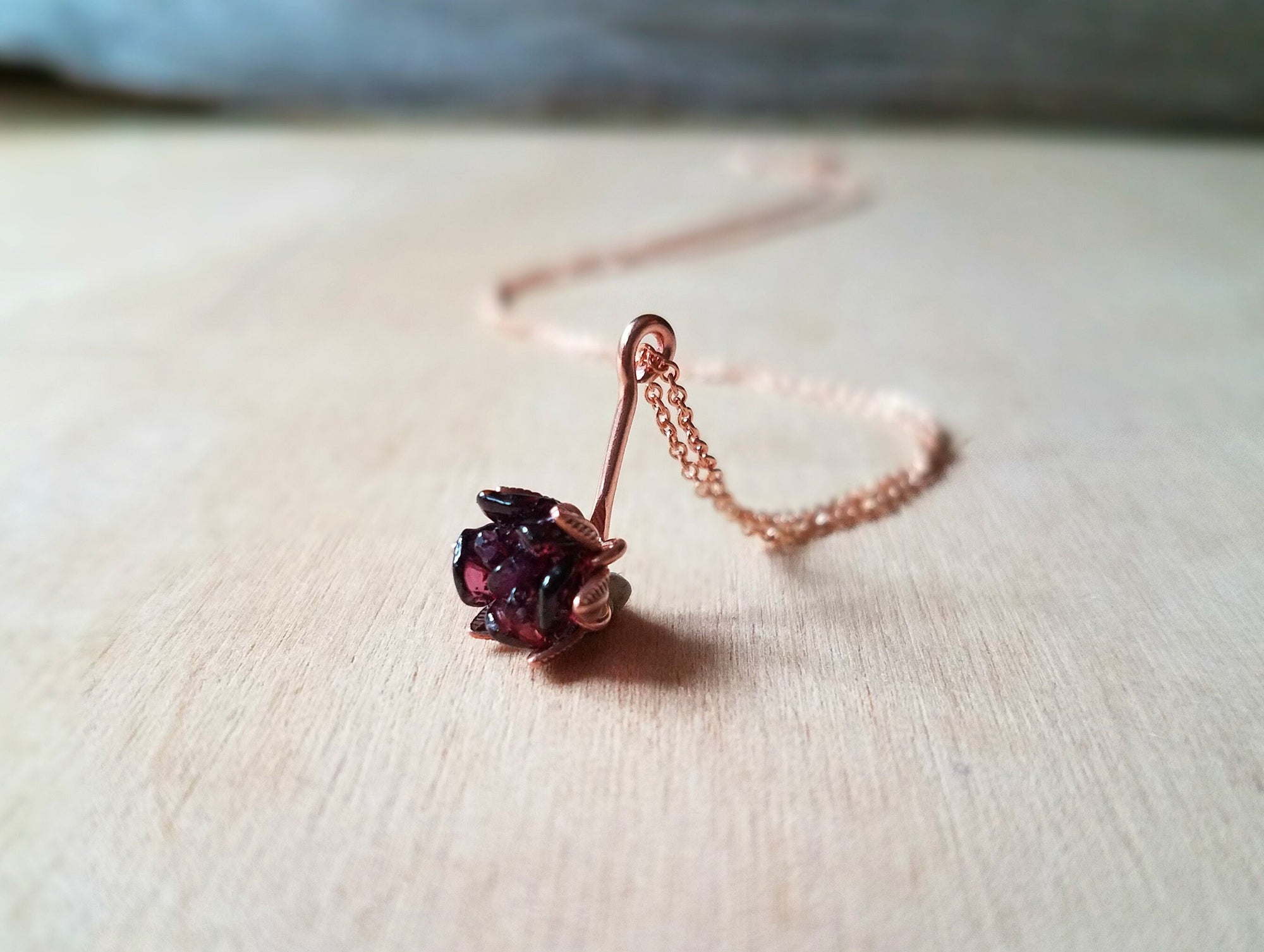 Garnet and 14K Rose Gold Necklace, Floral Pendant in Pink Gold, Lotus Flower Jewelry for Women, One of a Kind Unique Bridesmaids Birthstone