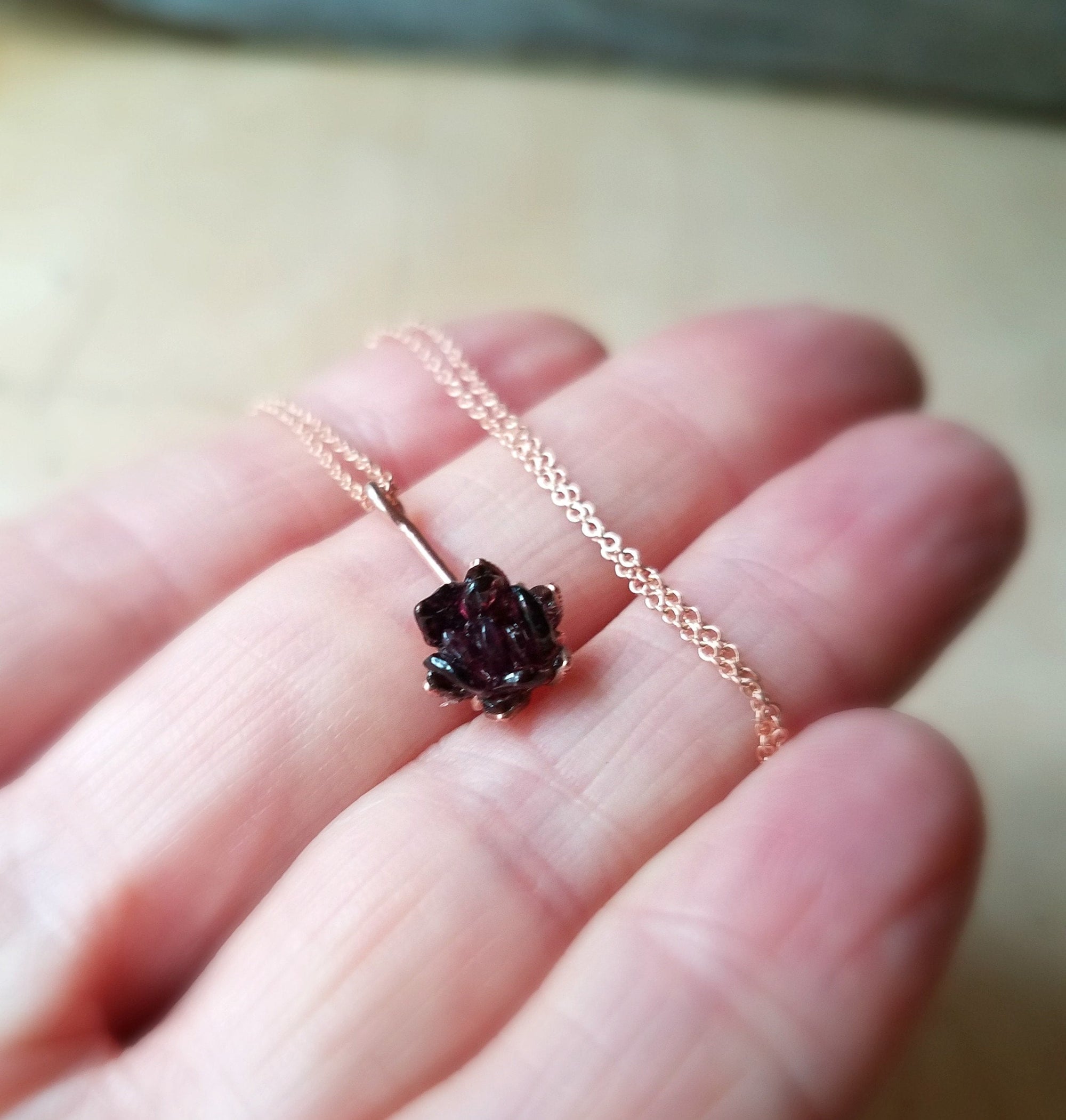 Garnet and 14K Rose Gold Necklace, Floral Pendant in Pink Gold, Lotus Flower Jewelry for Women, One of a Kind Unique Bridesmaids Birthstone