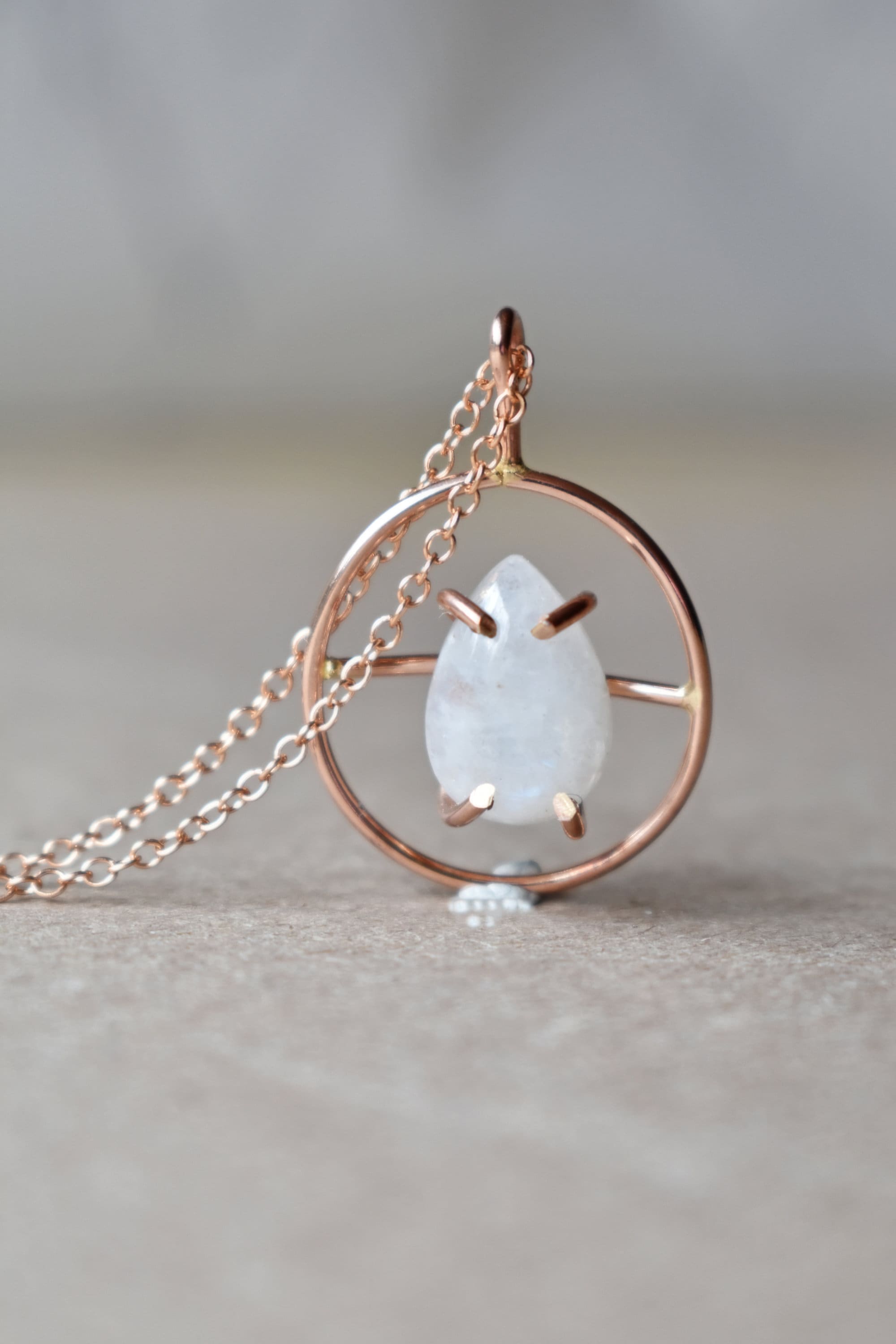 Moonstone Pendant Necklace, Teardrop Shaped Rainbow Moonstone in 14K Rose Gold Fill, Cancer Zodiac for July Birthday, Circle Pendant Jewelry